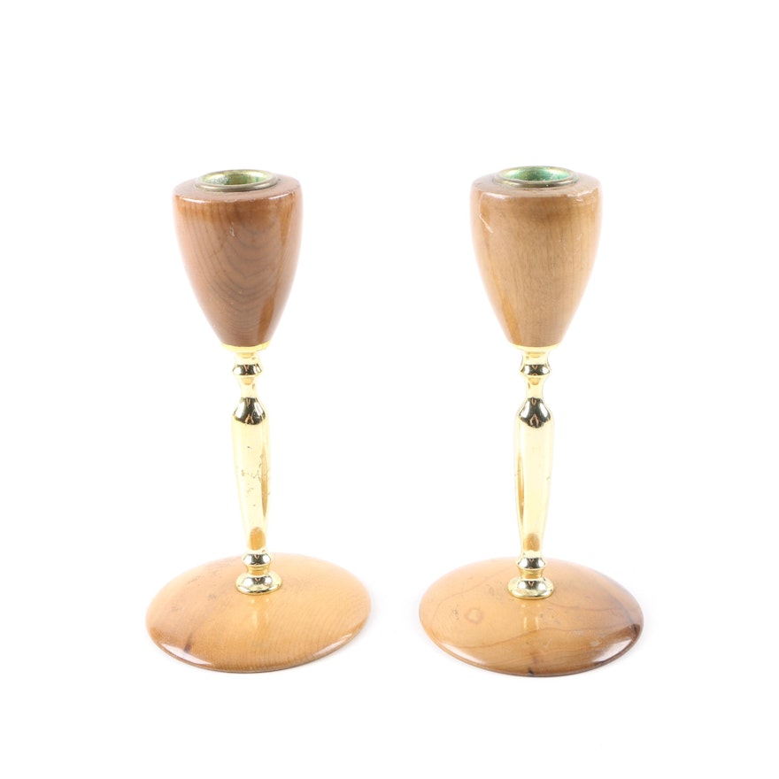 Myrtle Wood and Brass Candleholders
