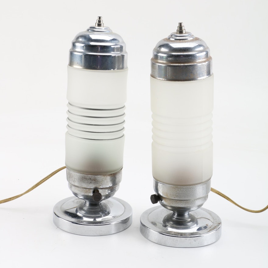Pair of Art Deco Chrome and Glass Bullet Lamps