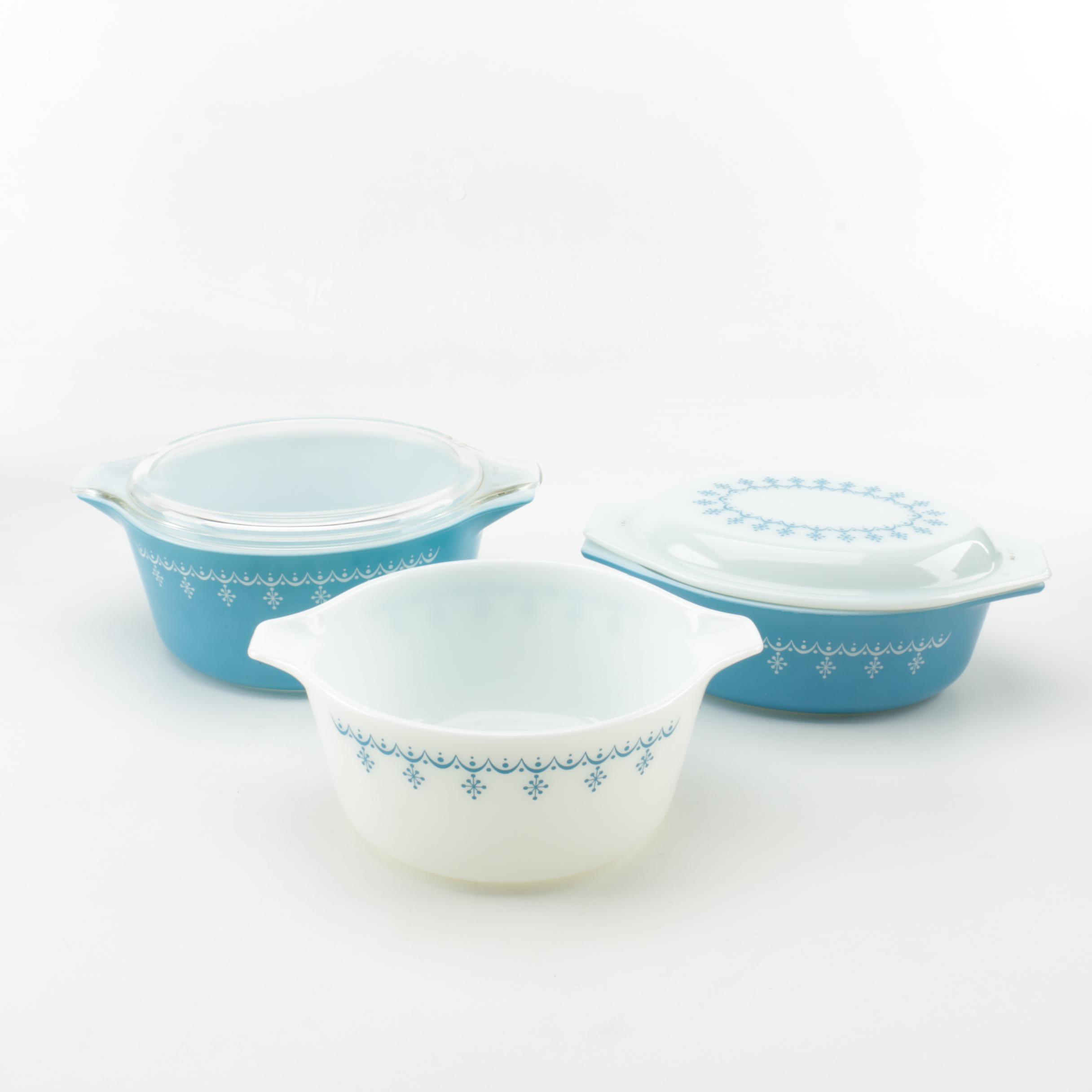 Pyrex "Snowflake Blue" Bakeware, Circa 1972-1975