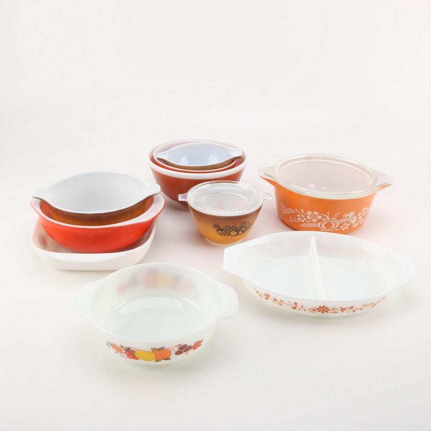 Vintage Glass Bakeware Including Pyrex Orange "Floral" Promotional Dish 1960s