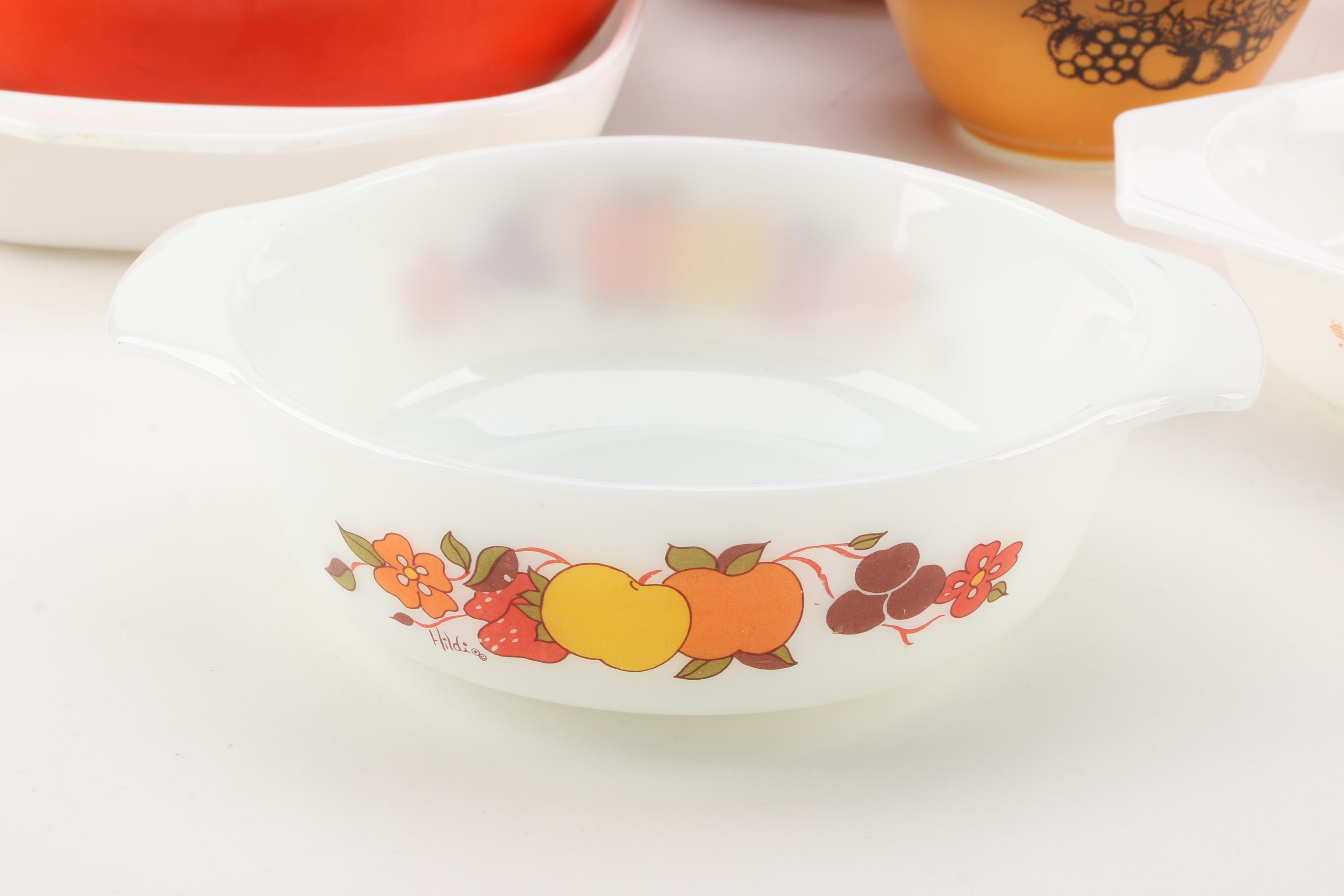 Vintage Glass Bakeware Including Pyrex Orange "Floral" Promotional Dish 1960s