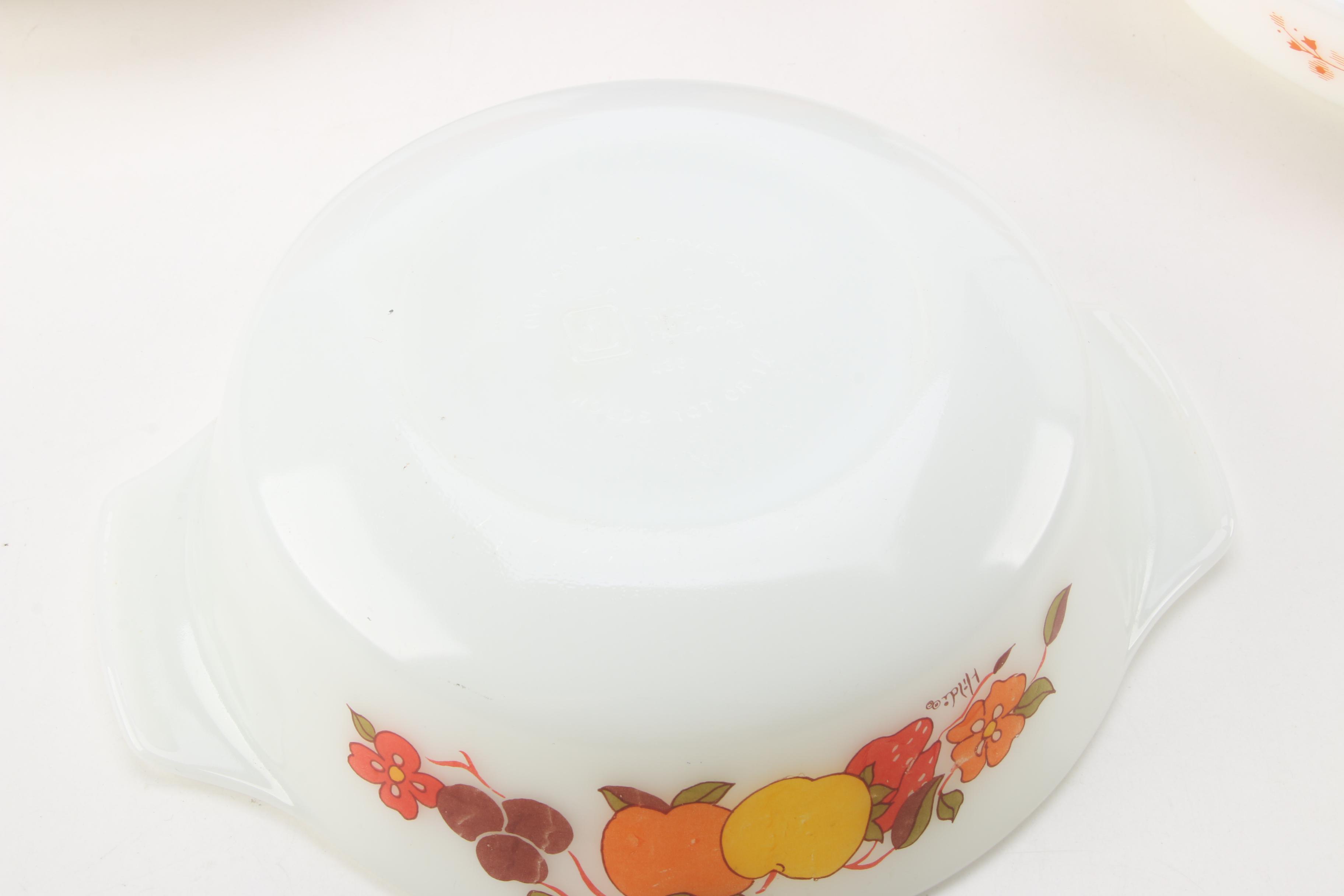 Vintage Glass Bakeware Including Pyrex Orange "Floral" Promotional Dish 1960s