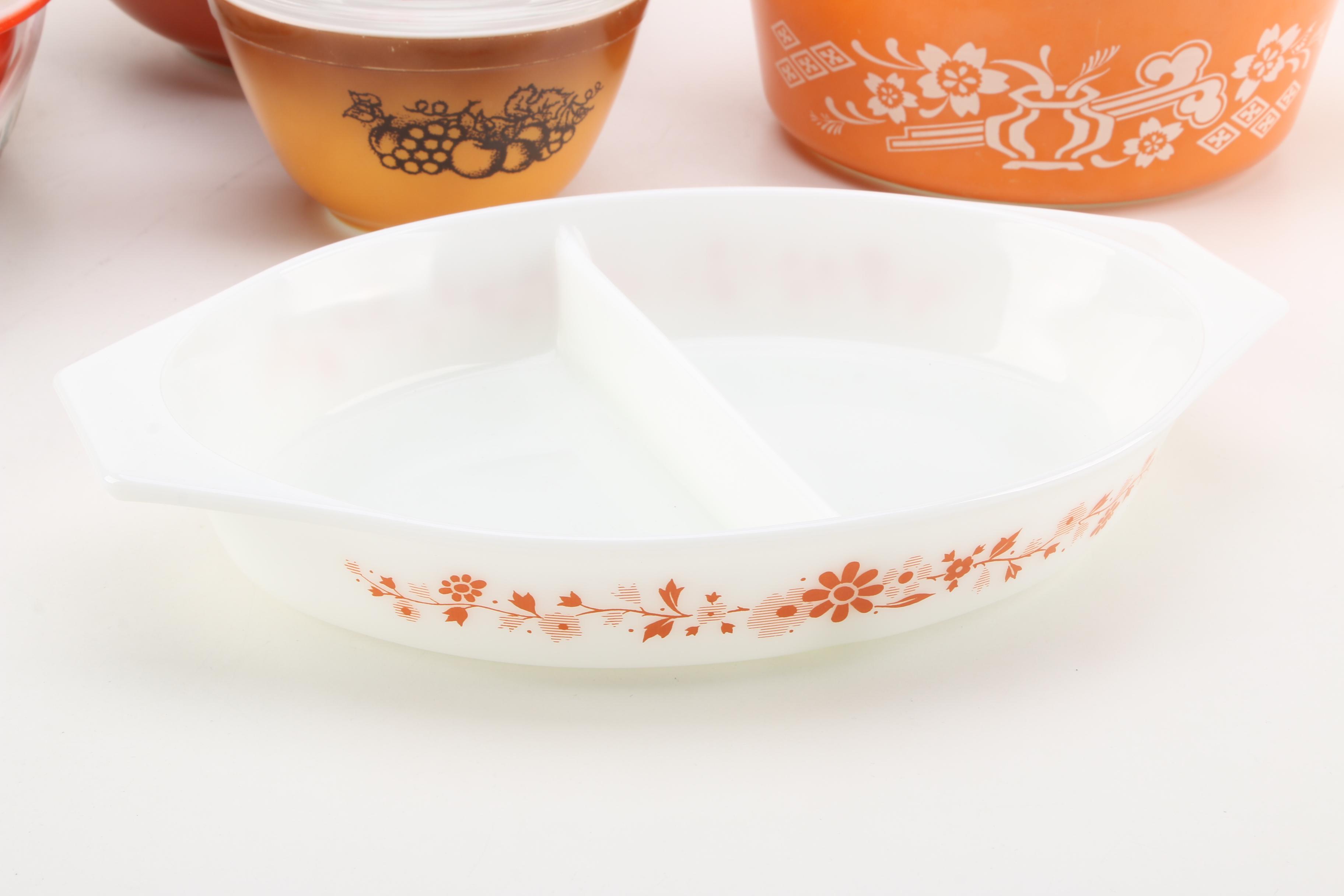 Vintage Glass Bakeware Including Pyrex Orange "Floral" Promotional Dish 1960s
