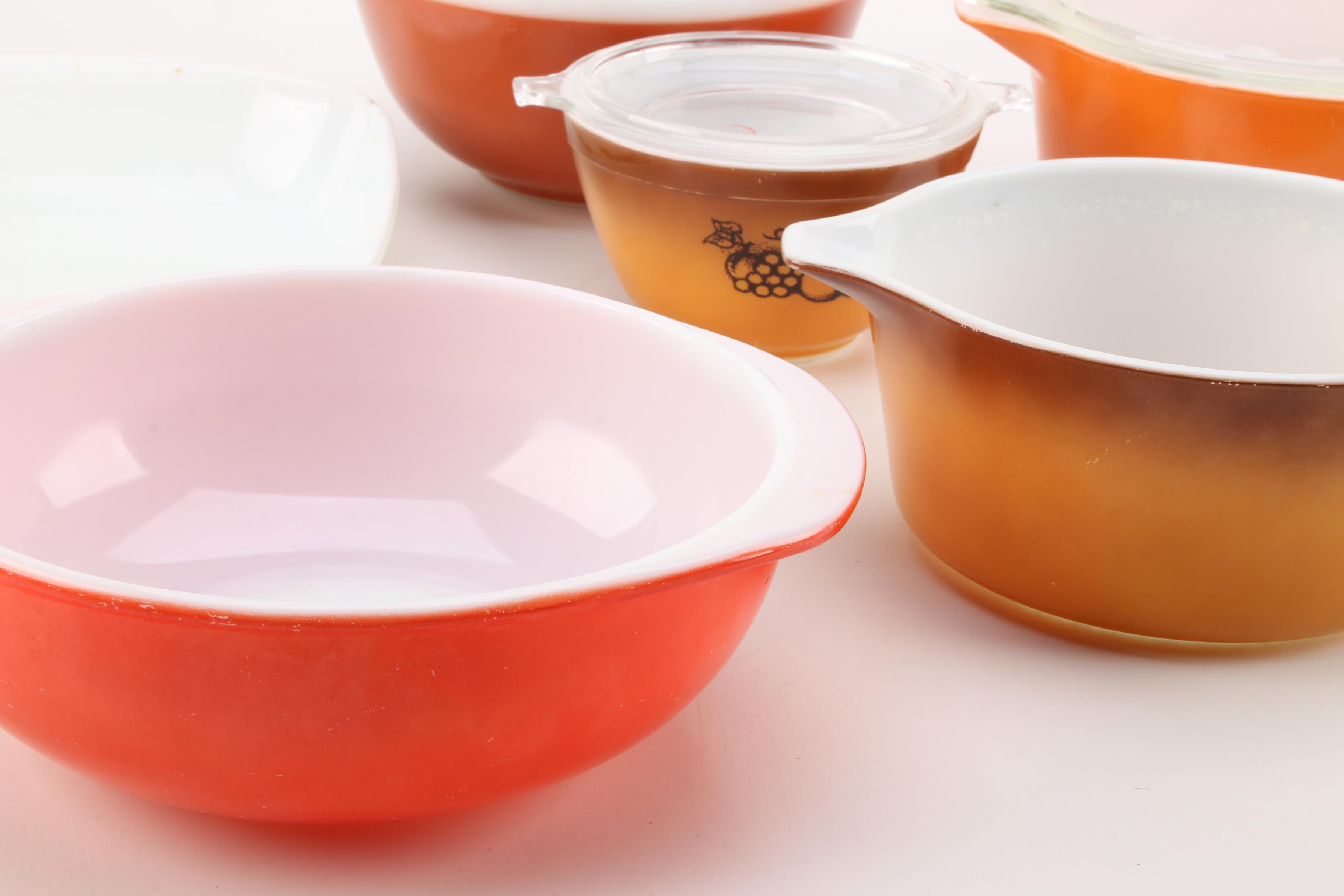 Vintage Glass Bakeware Including Pyrex Orange "Floral" Promotional Dish 1960s