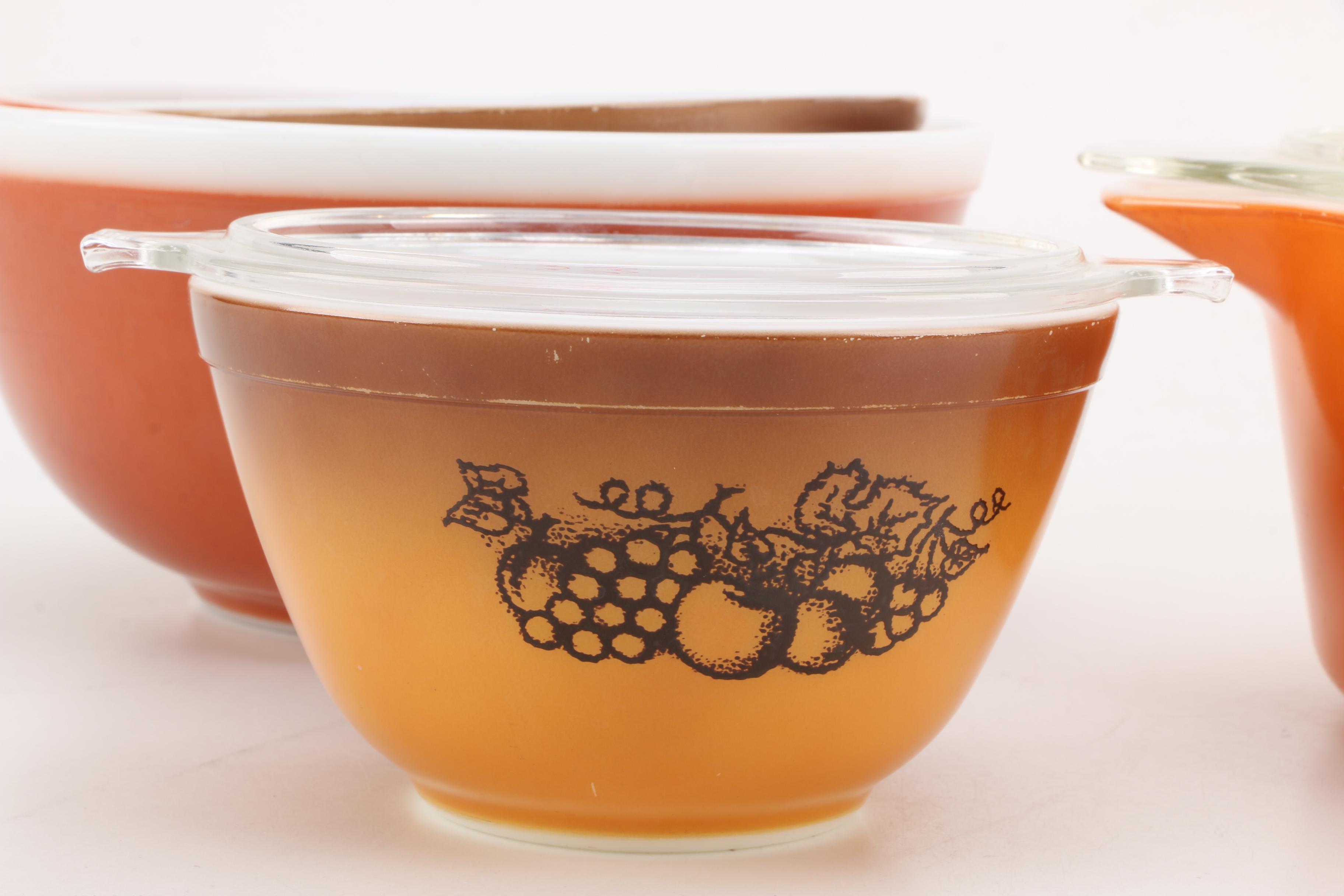 Vintage Glass Bakeware Including Pyrex Orange "Floral" Promotional Dish 1960s