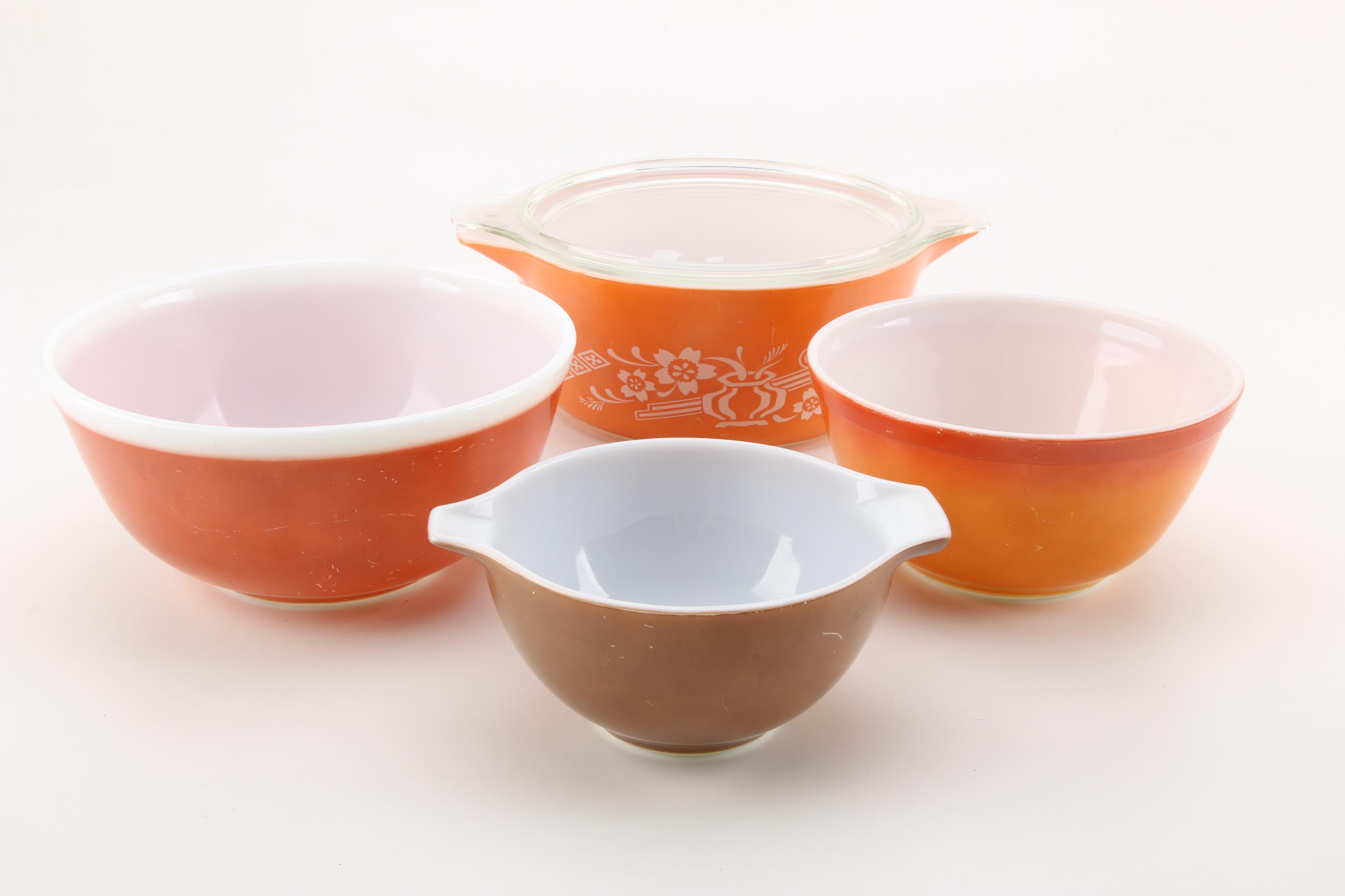 Vintage Glass Bakeware Including Pyrex Orange "Floral" Promotional Dish 1960s