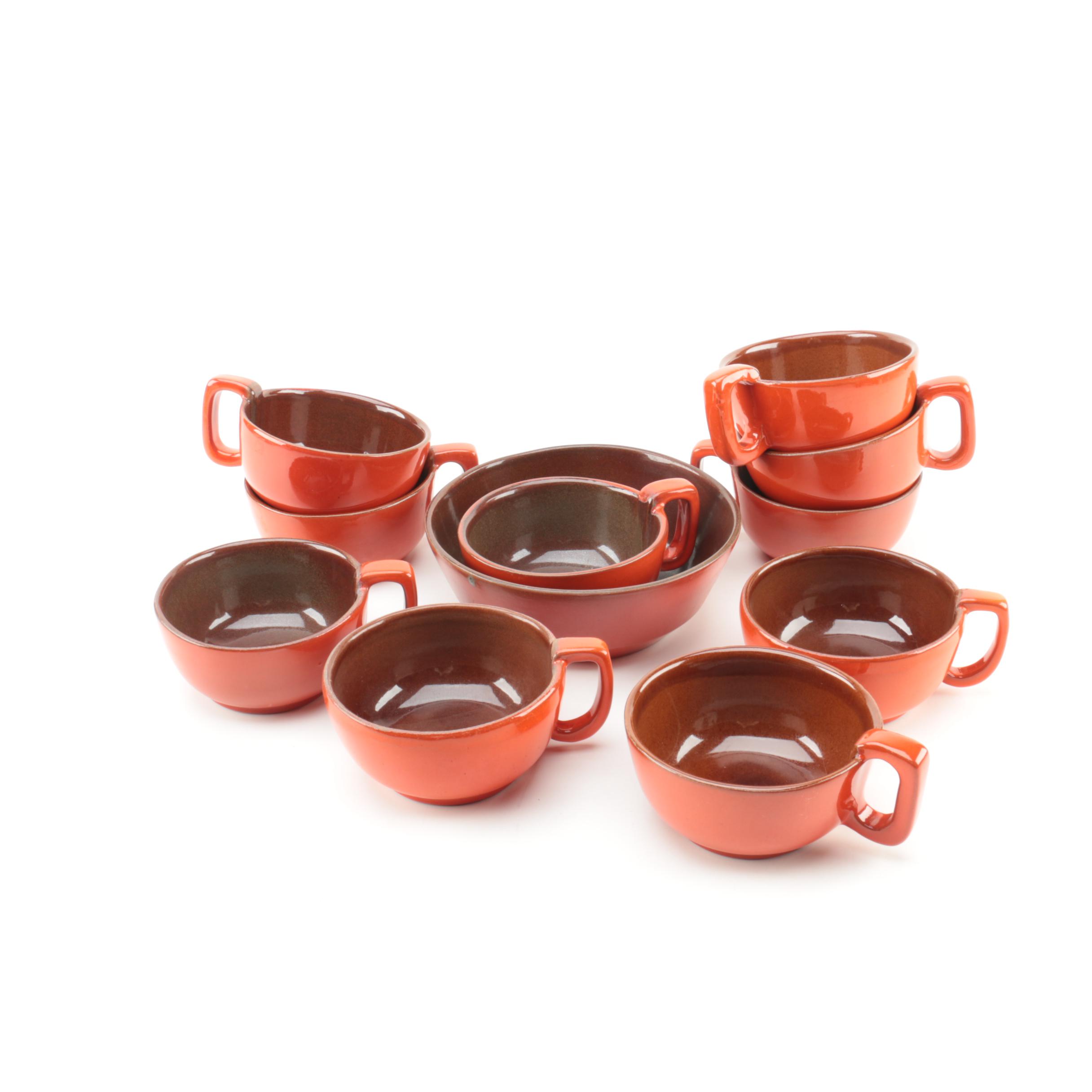 Vintage Frankoma "Westwind Flame" Pottery Bowl and Soup Mugs 1970s