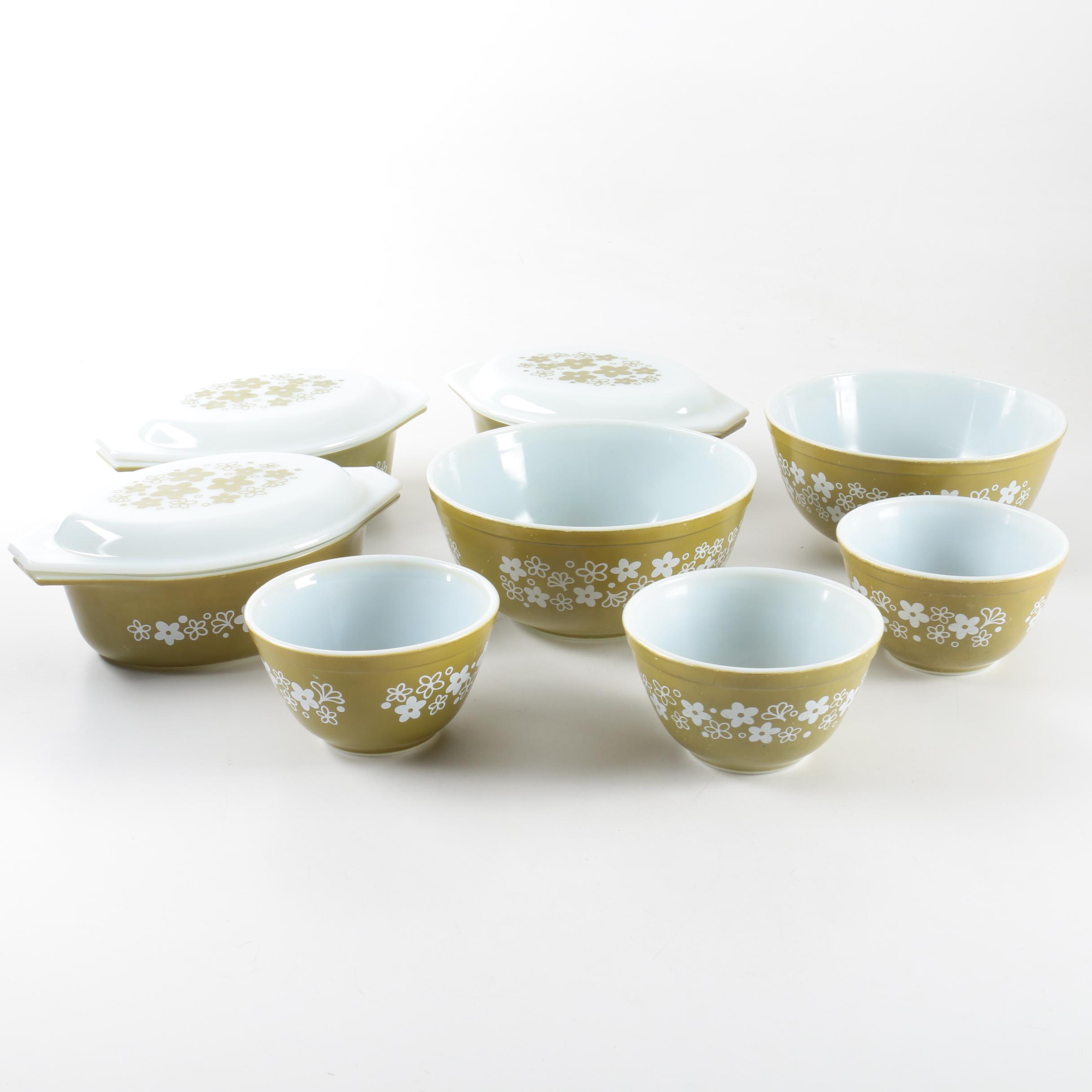 Pyrex "Spring Blossom" Green Glass Mixing Bowls and Baking Dishes 1972-79
