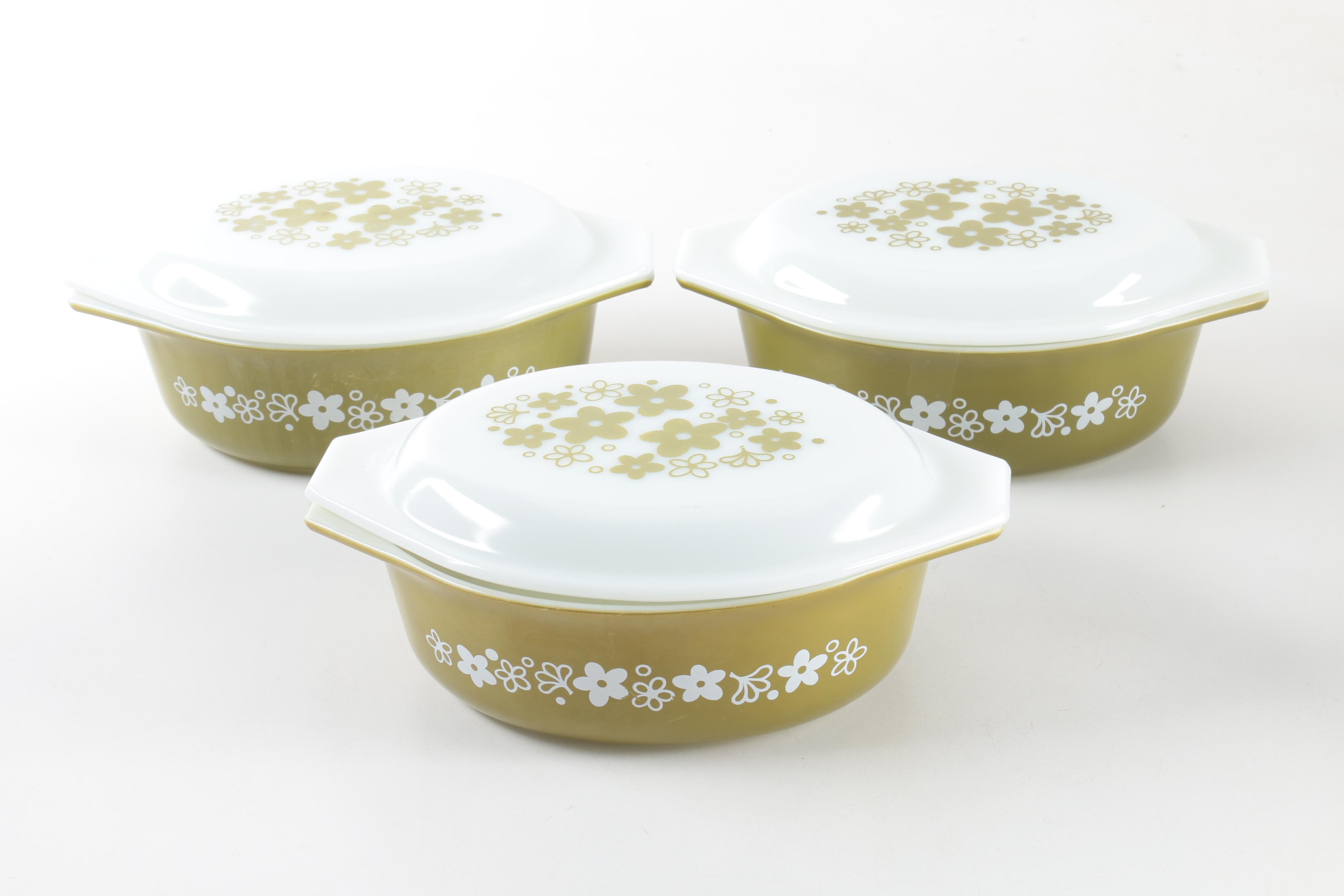 Pyrex "Spring Blossom" Green Glass Mixing Bowls and Baking Dishes 1972-79