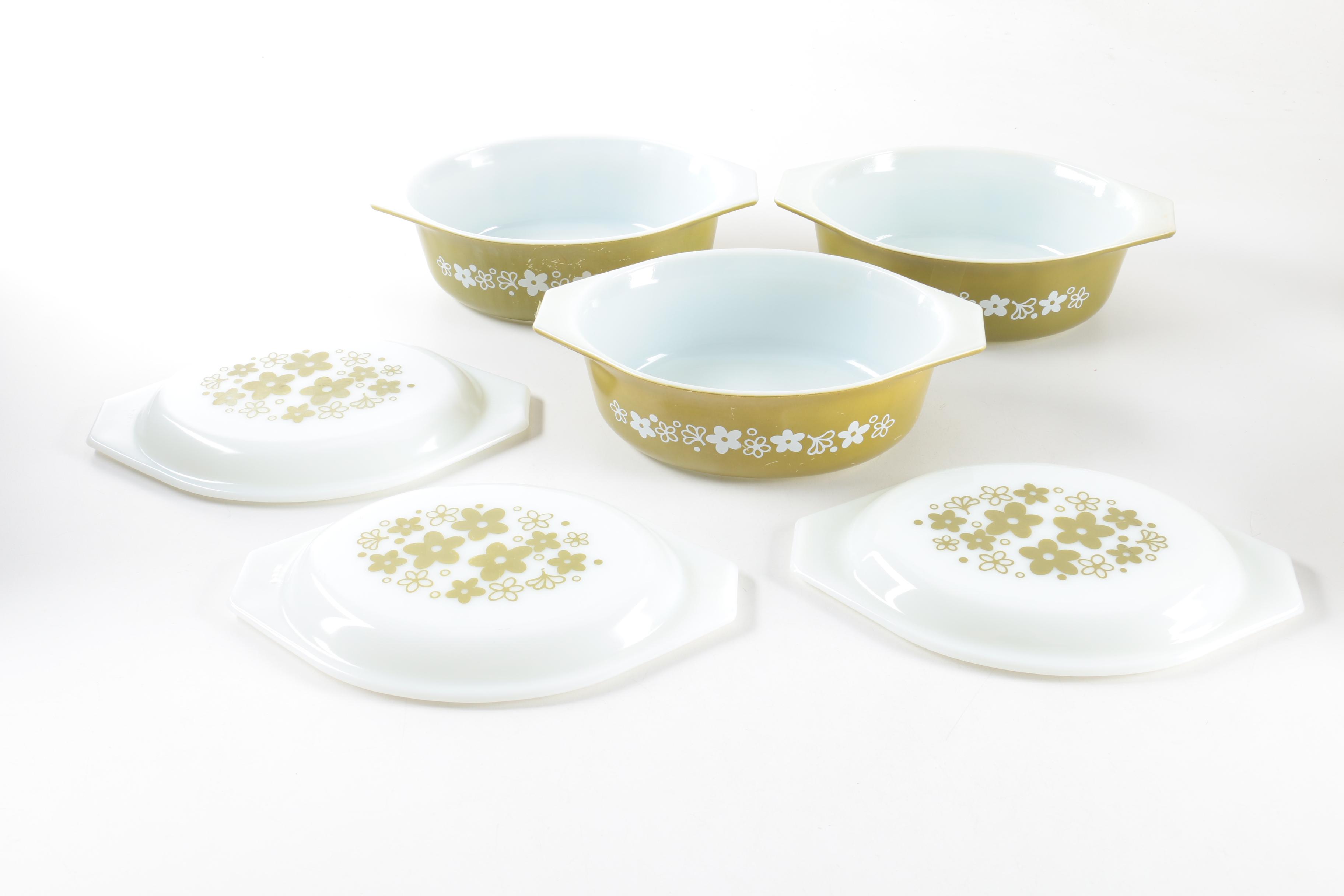 Pyrex "Spring Blossom" Green Glass Mixing Bowls and Baking Dishes 1972-79