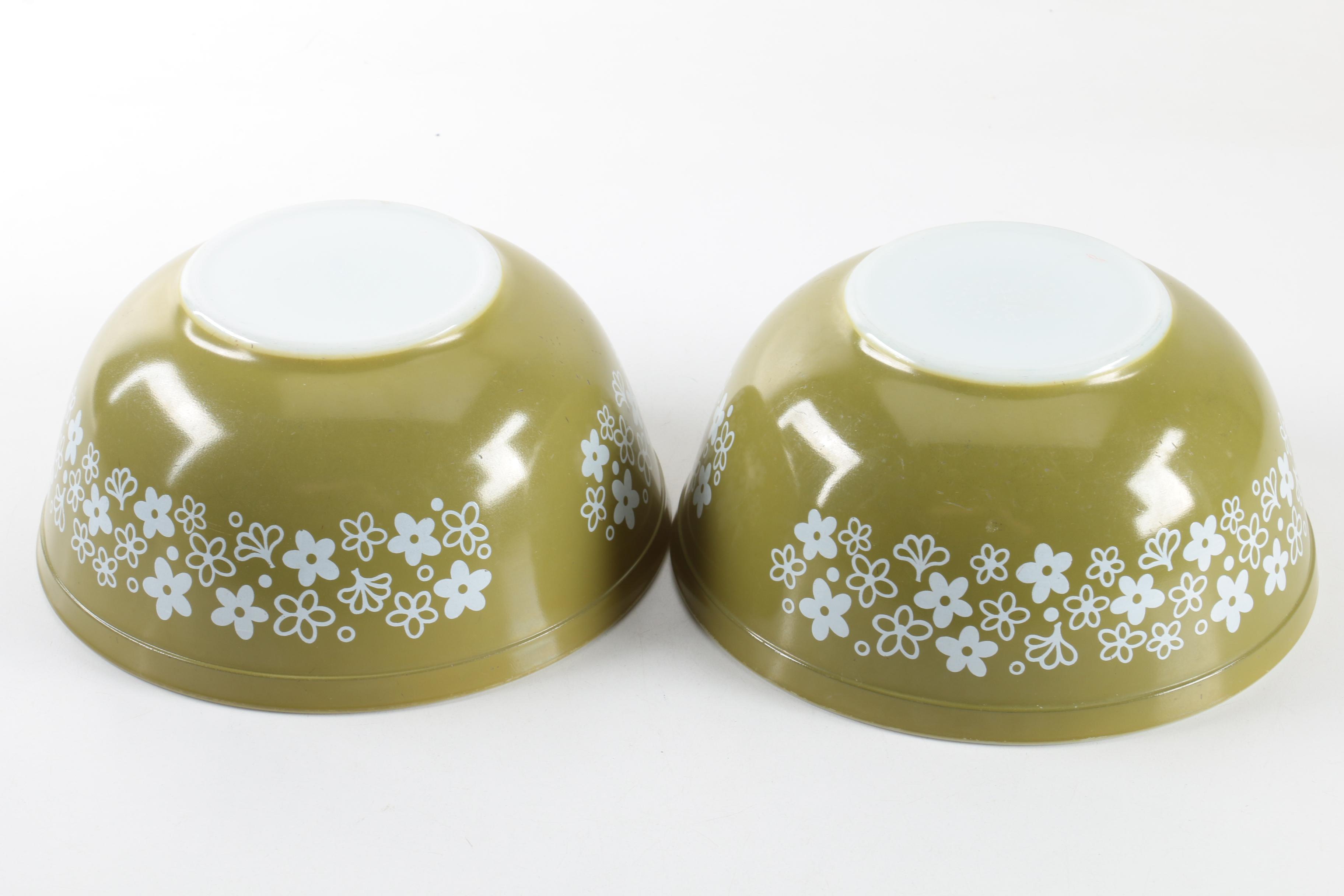 Pyrex "Spring Blossom" Green Glass Mixing Bowls and Baking Dishes 1972-79