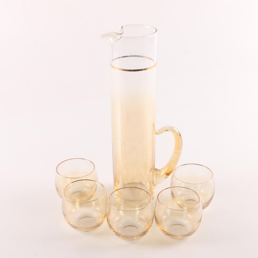 Mid Century Gilt Accented Pitcher and Glasses Set