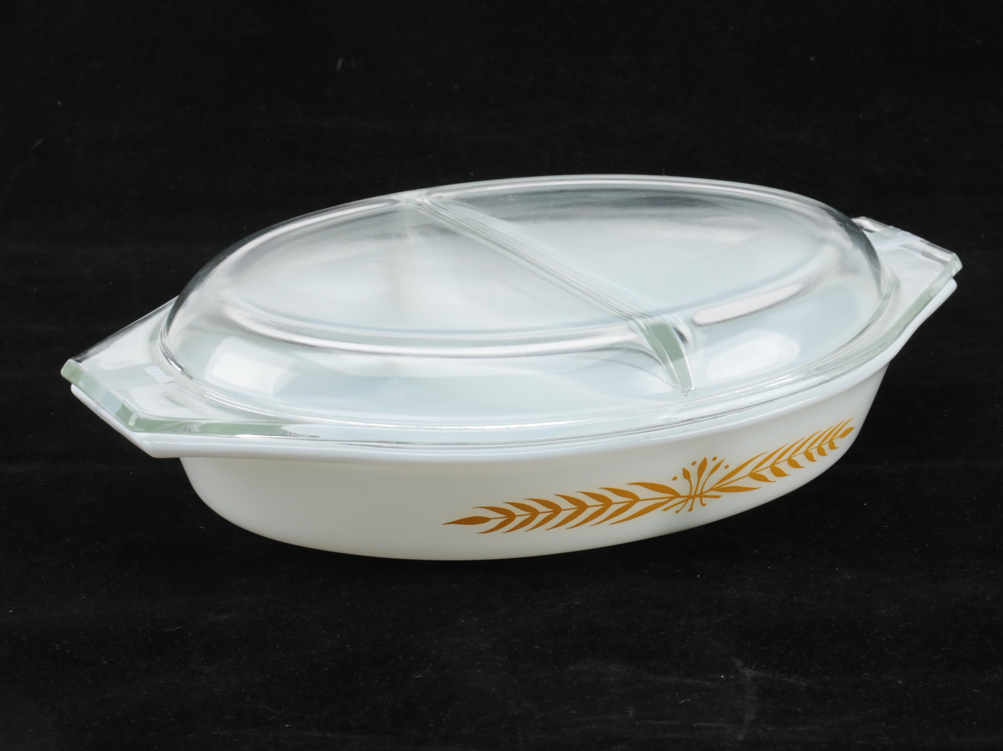 Pyrex "Royal Wheat" Divided Casserole Dish with Lids, Circa 1960