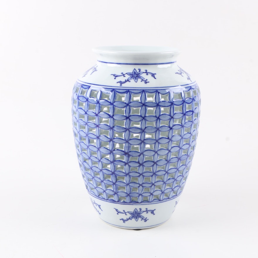 Chinese Reticulated Blue and White Ceramic Vase