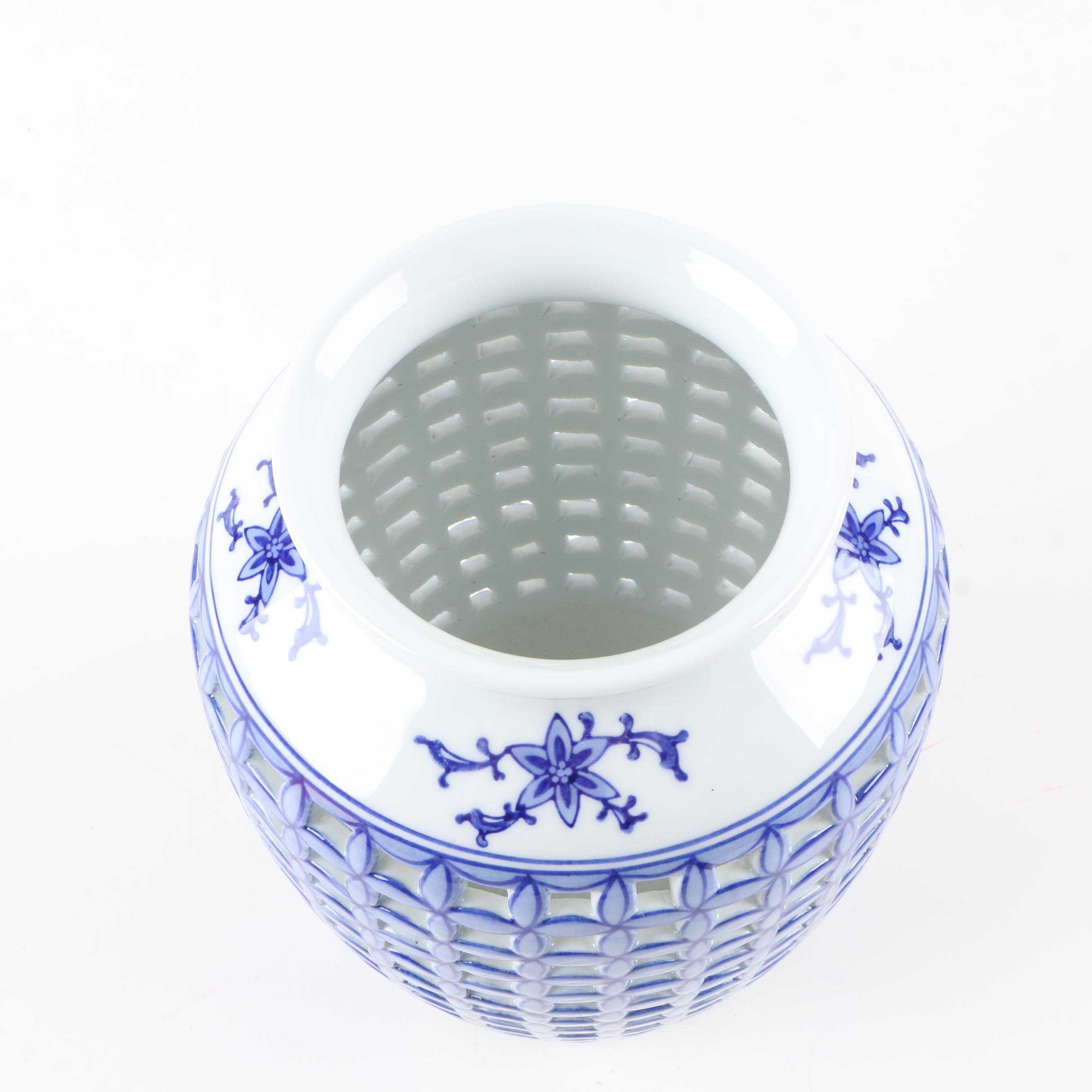 Chinese Reticulated Blue and White Ceramic Vase