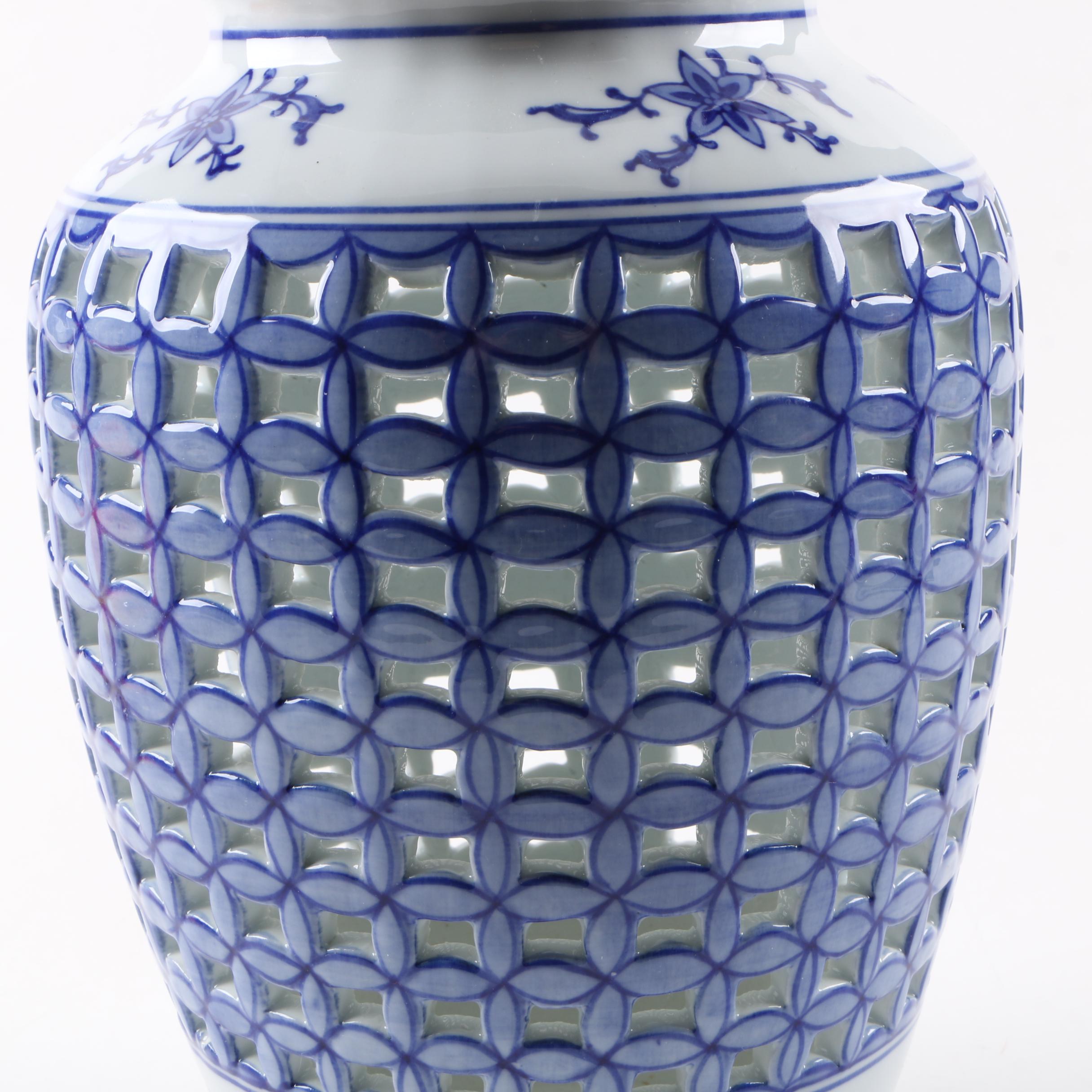 Chinese Reticulated Blue and White Ceramic Vase