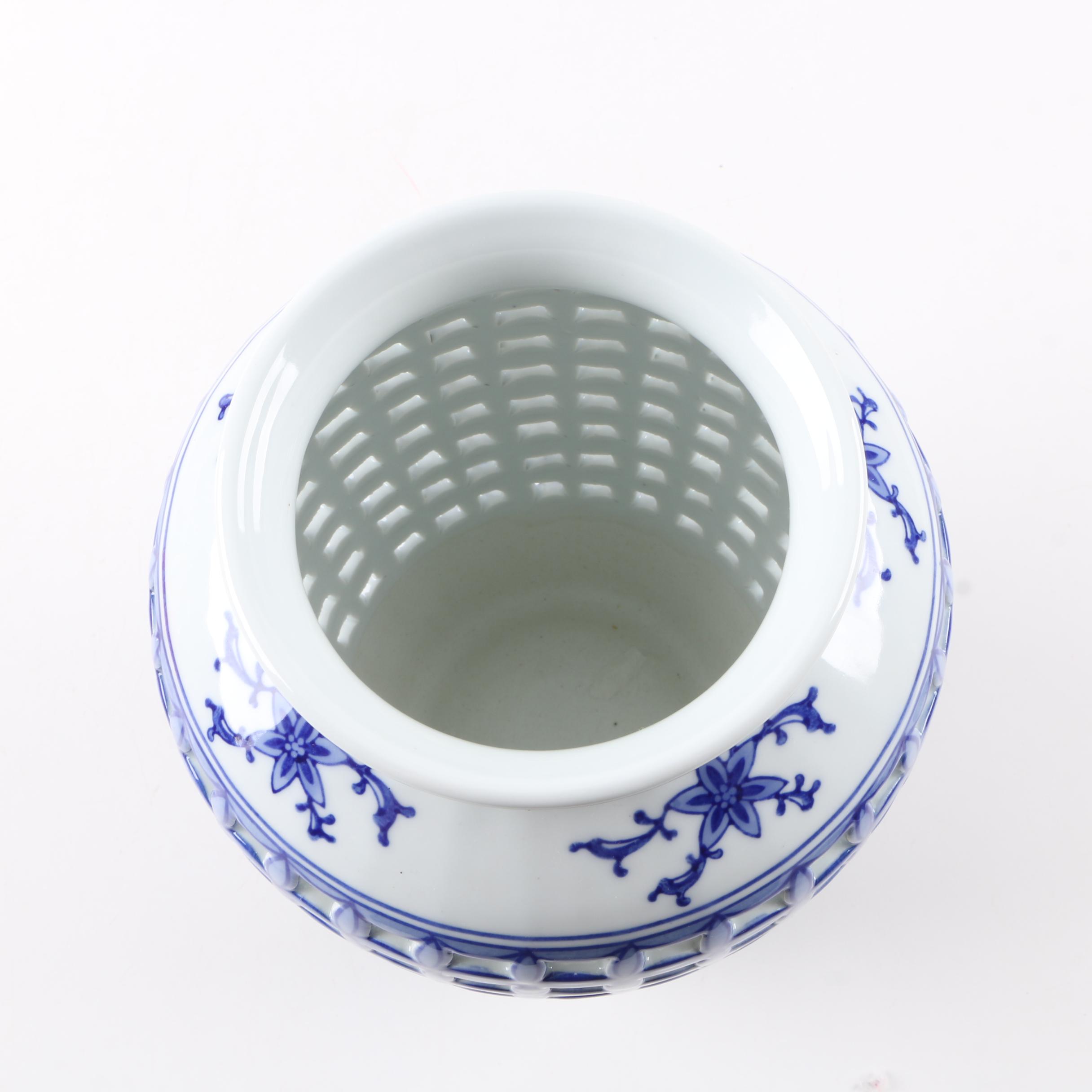 Chinese Reticulated Blue and White Ceramic Vase