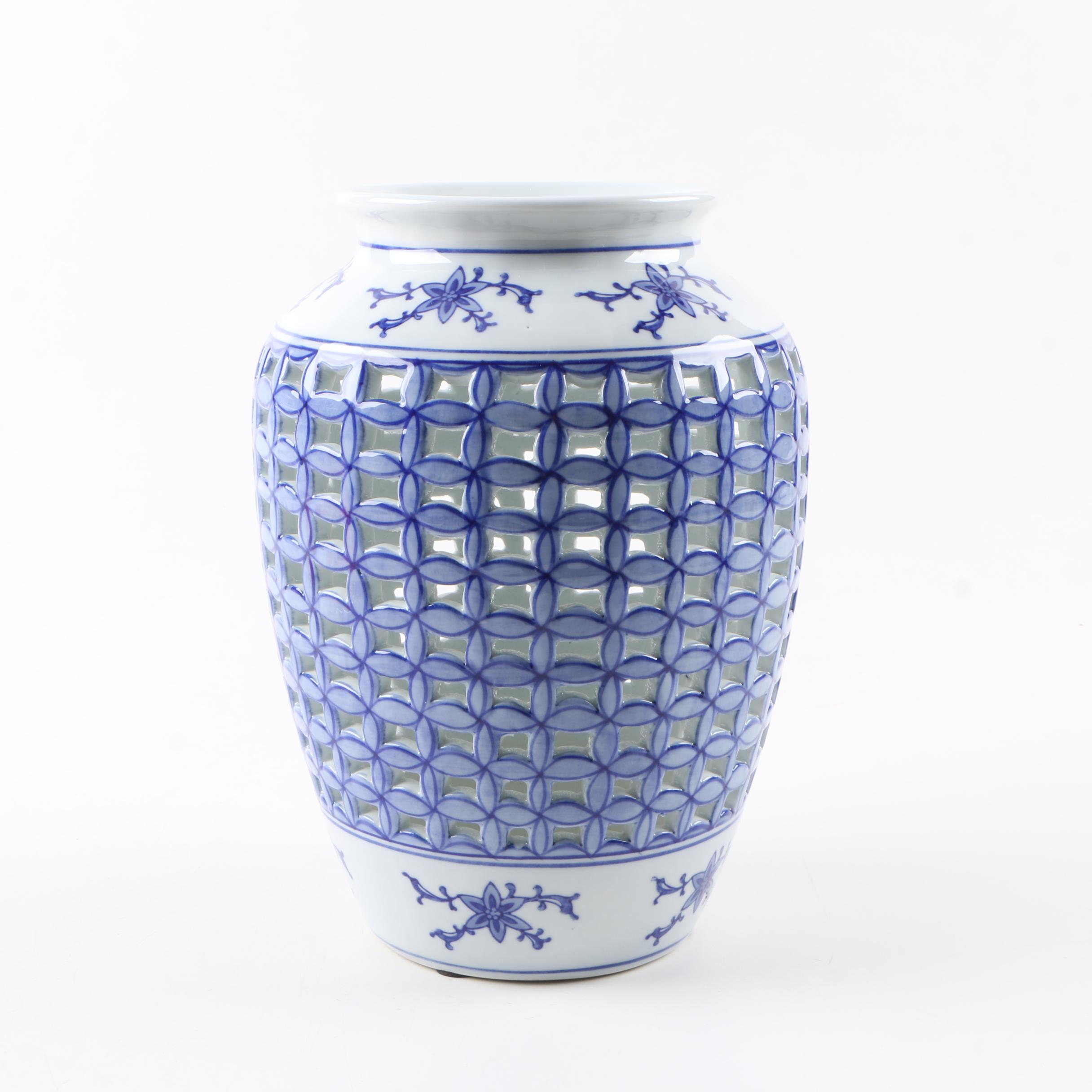 Chinese Reticulated Blue and White Ceramic Vase