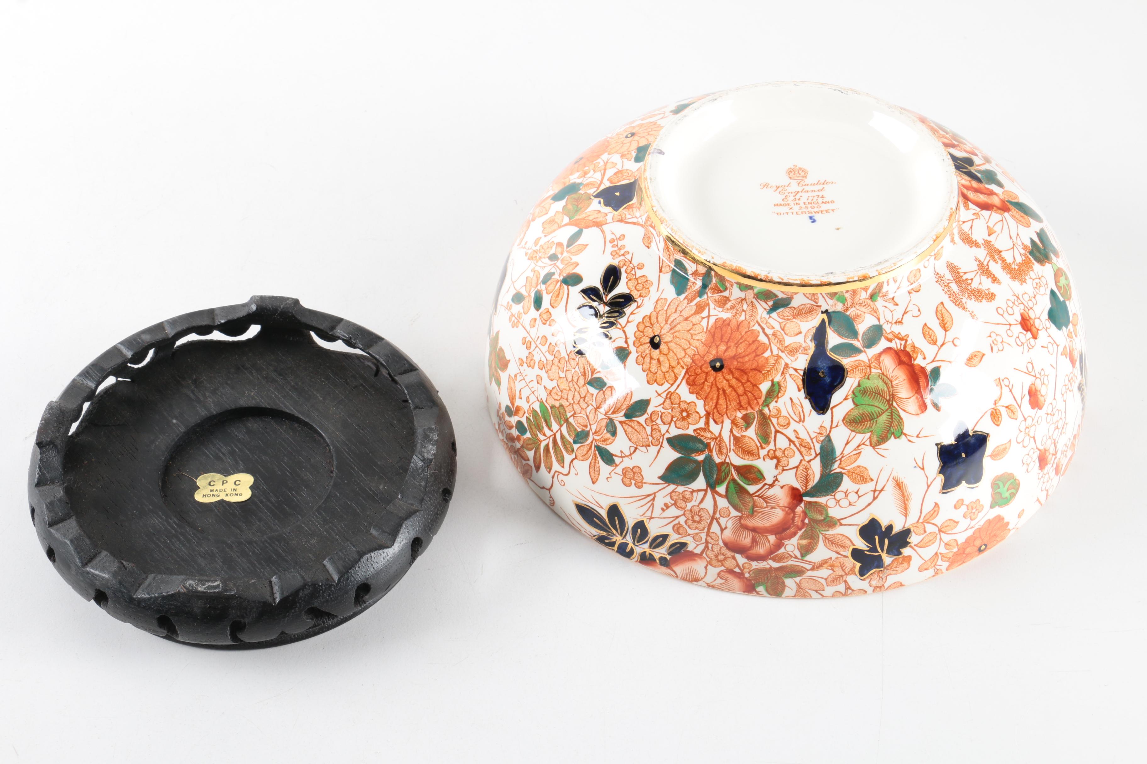 Royal Cauldon "Bittersweet" Porcelain Vegetable Bowl on Wooden Base