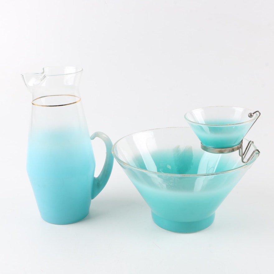 West Virginia Glass Speciality "Blendo Turquoise" Pitcher with Chip and Dip Bowl