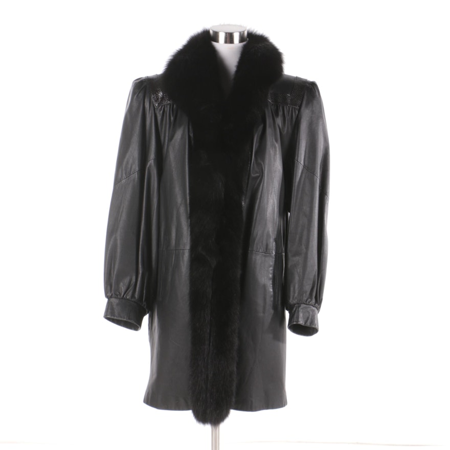 Women's Vintage Leather Coat with Fox Fur Collar