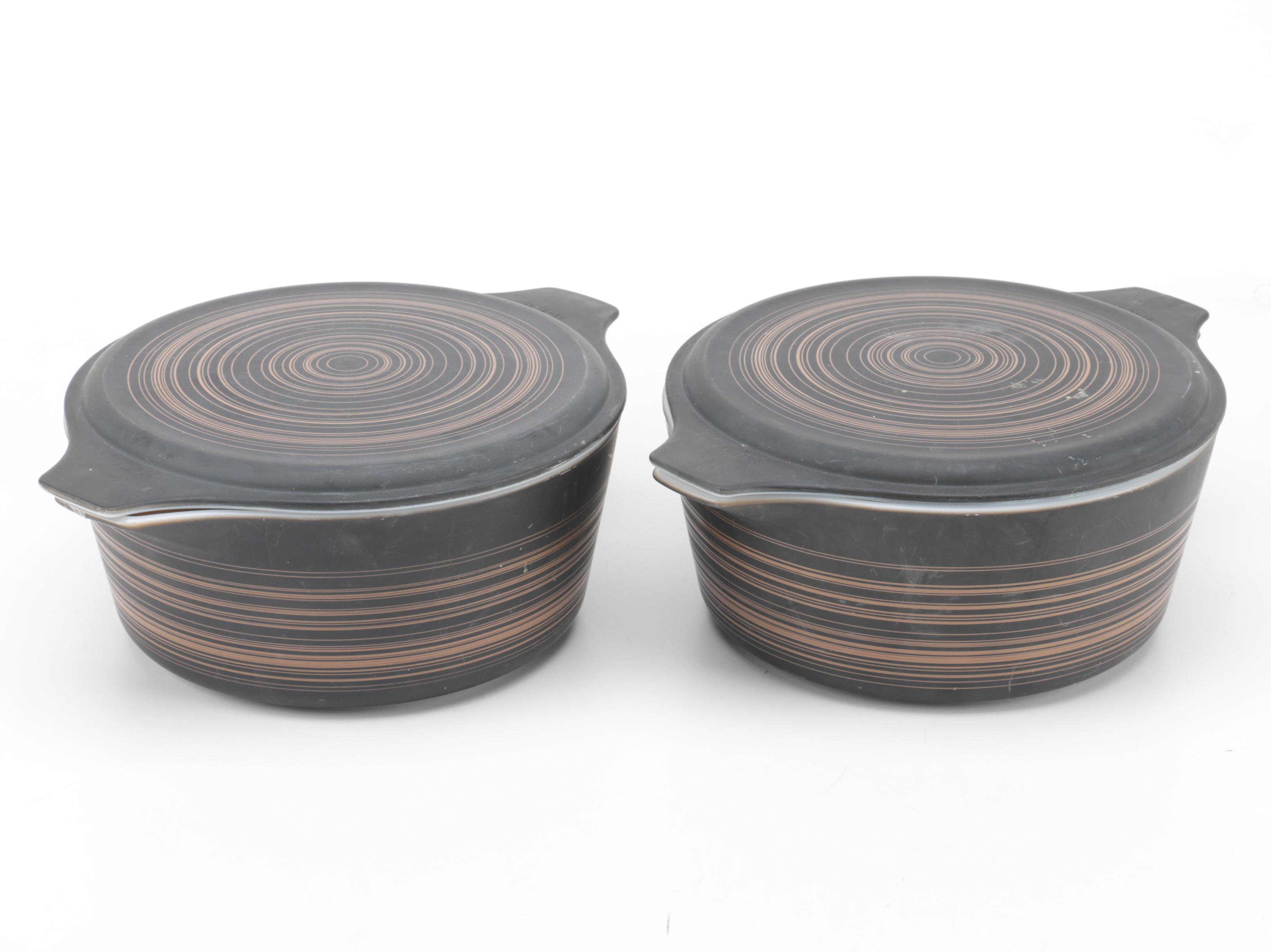 Vintage Pyrex "Terra" Brown Striped Mixing Bowl and Casserole Dishes 1964-65