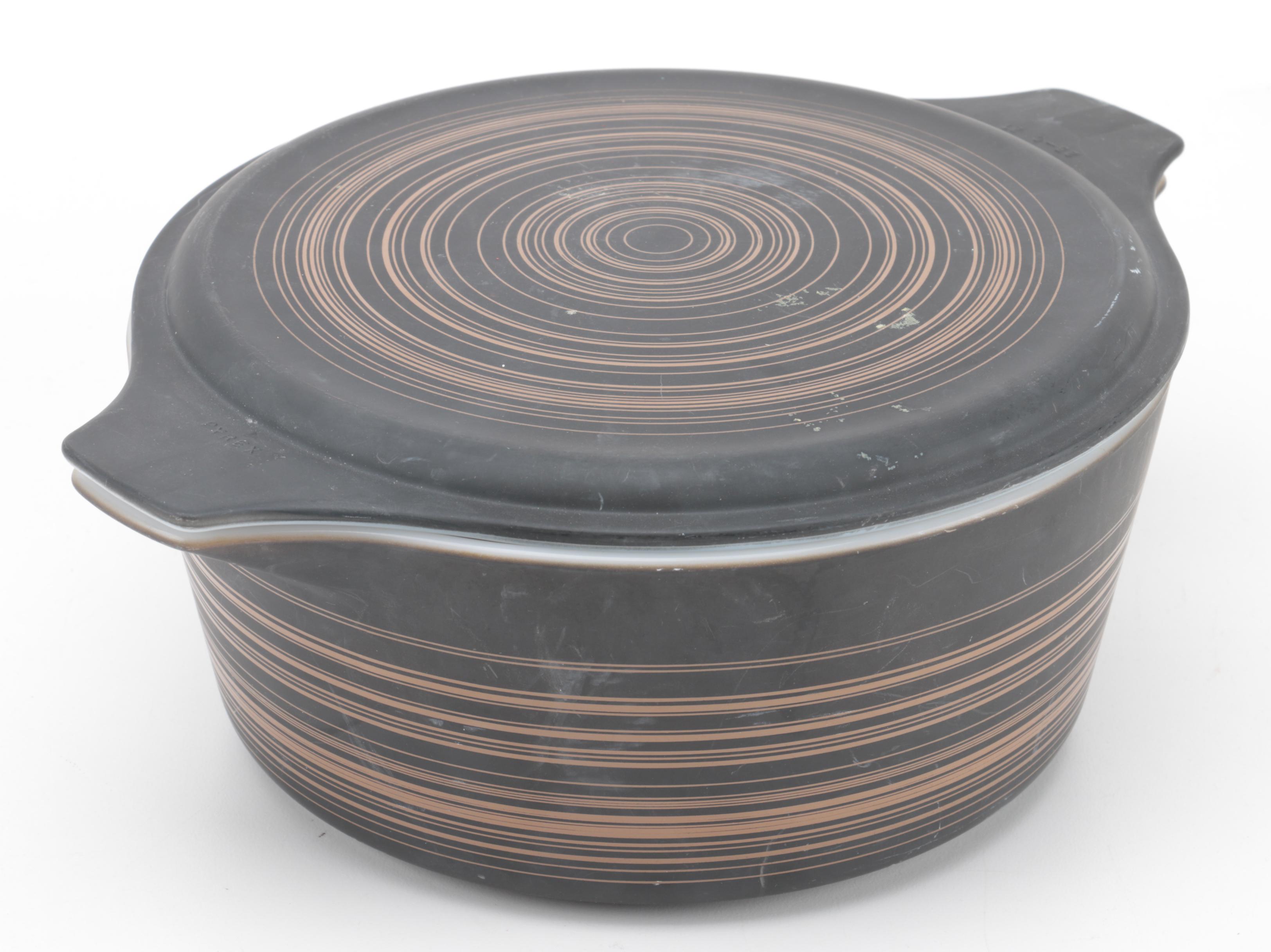 Vintage Pyrex "Terra" Brown Striped Mixing Bowl and Casserole Dishes 1964-65