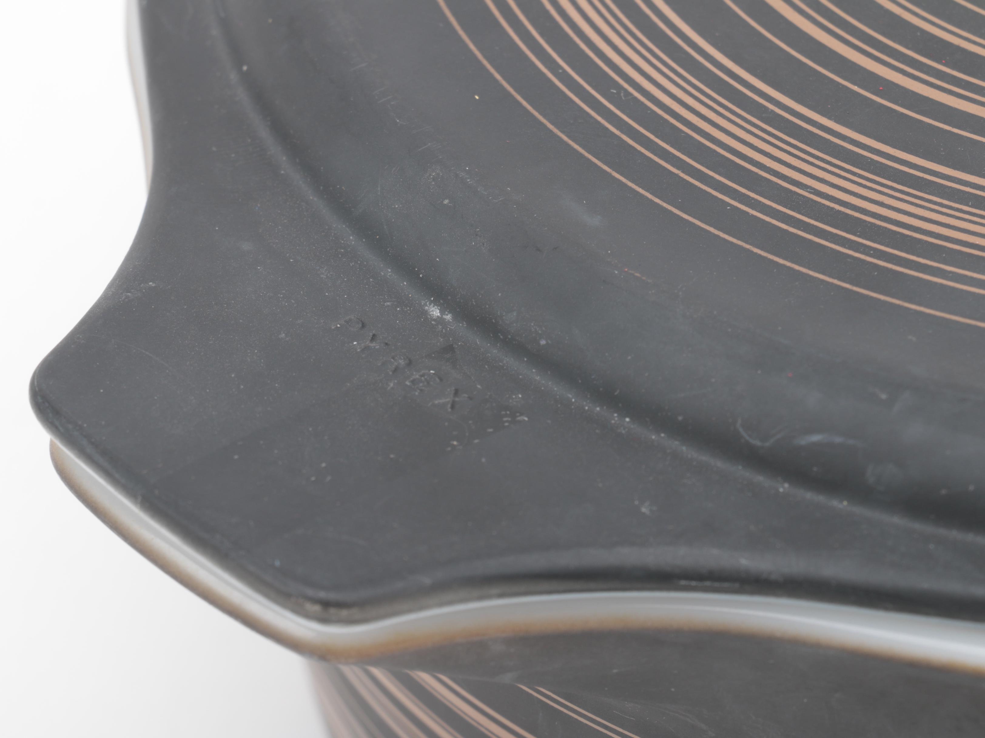 Vintage Pyrex "Terra" Brown Striped Mixing Bowl and Casserole Dishes 1964-65