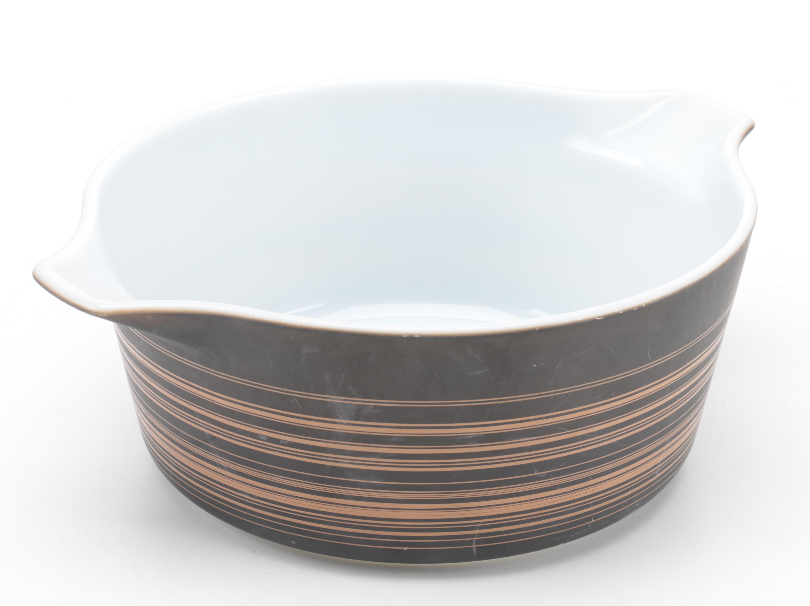 Vintage Pyrex "Terra" Brown Striped Mixing Bowl and Casserole Dishes 1964-65