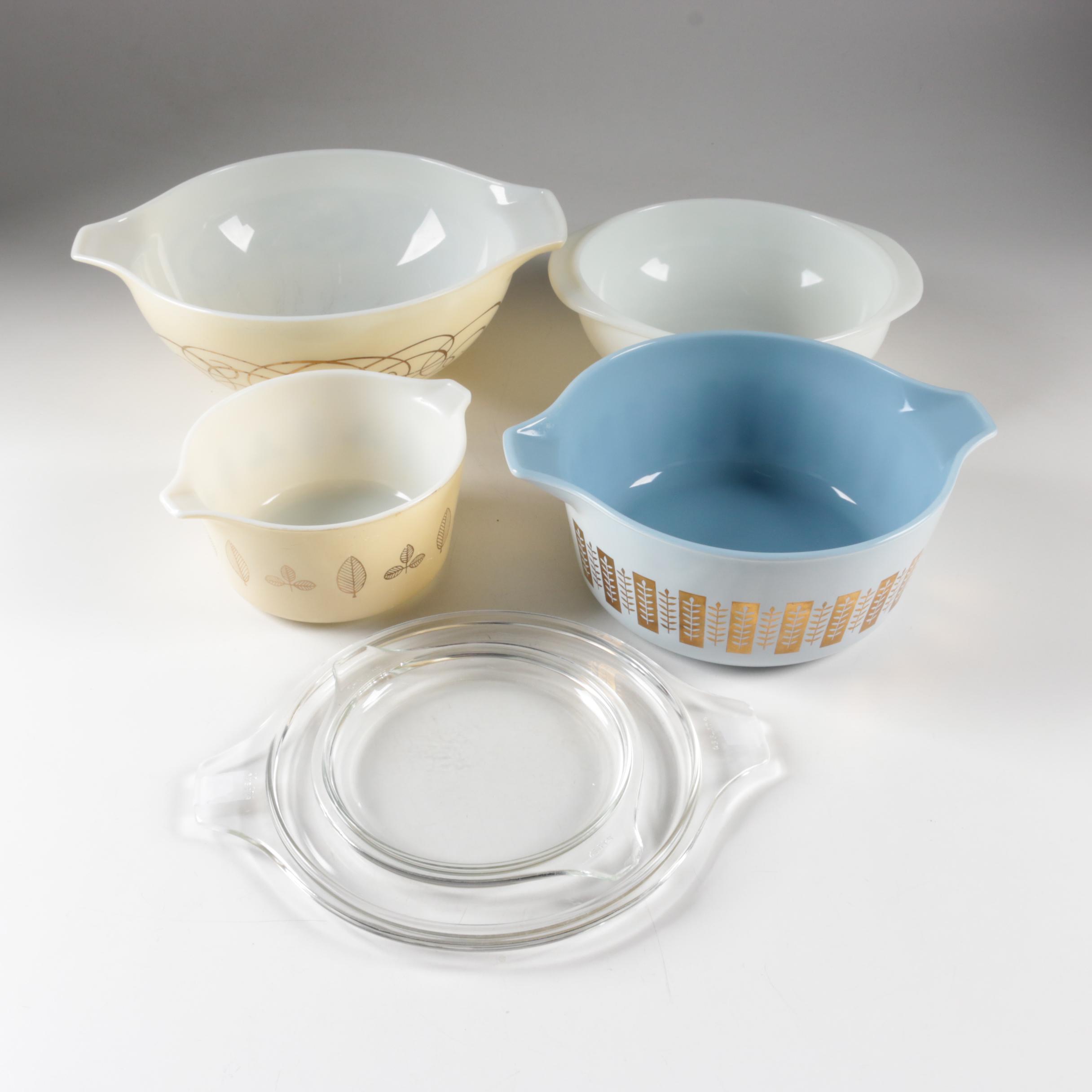 Vintage Pyrex "Golden Scroll", "Golden Tulip" and "Gourmet" Bowls and Casseroles