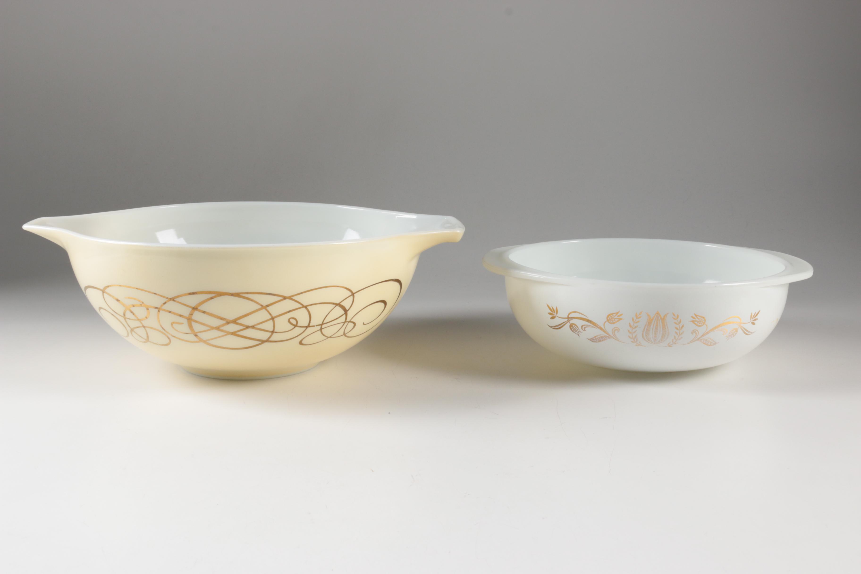 Vintage Pyrex "Golden Scroll", "Golden Tulip" and "Gourmet" Bowls and Casseroles