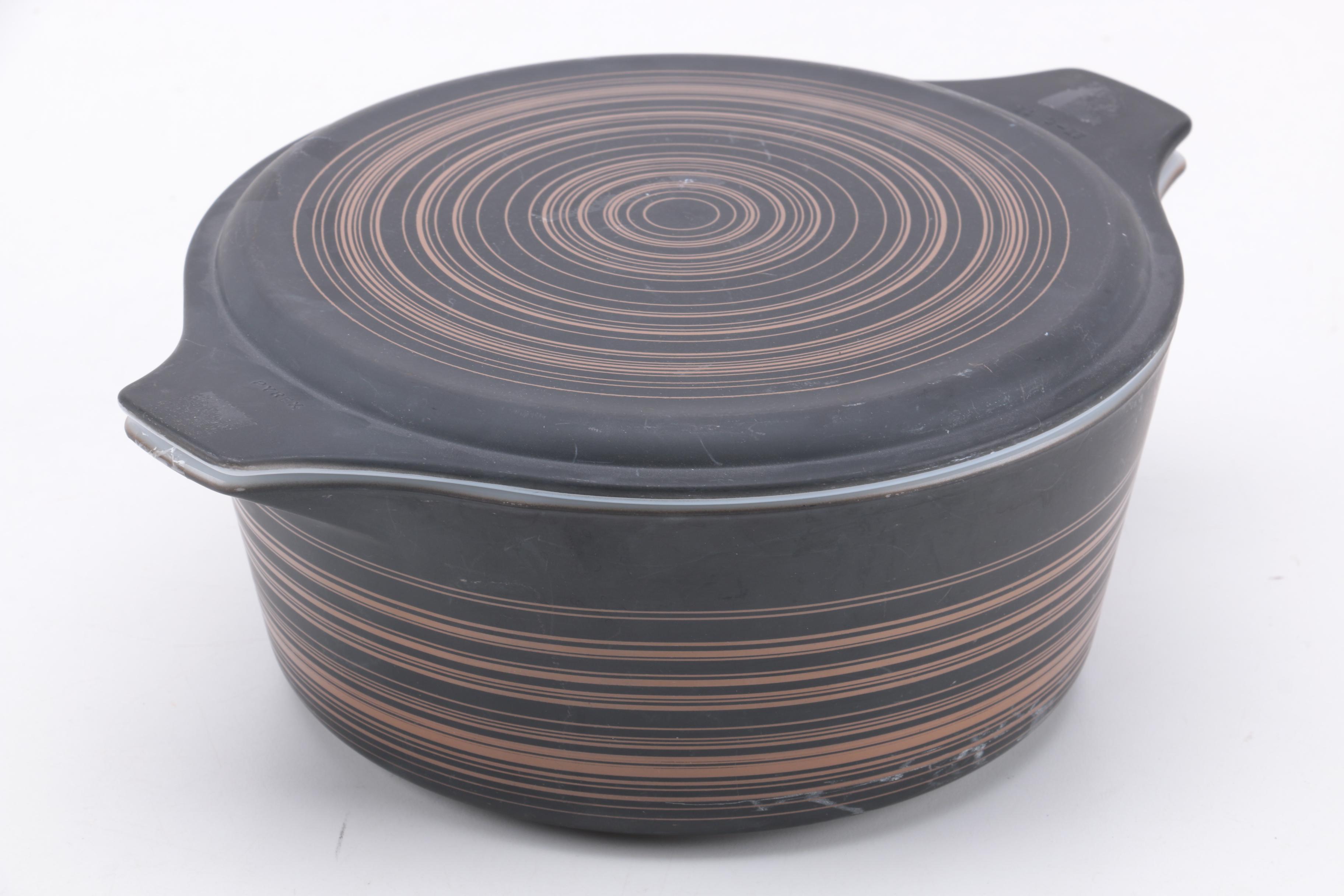Pyrex "Terra" Brown Striped Mixing Bowl and Covered Casserole Dishes 1964-65