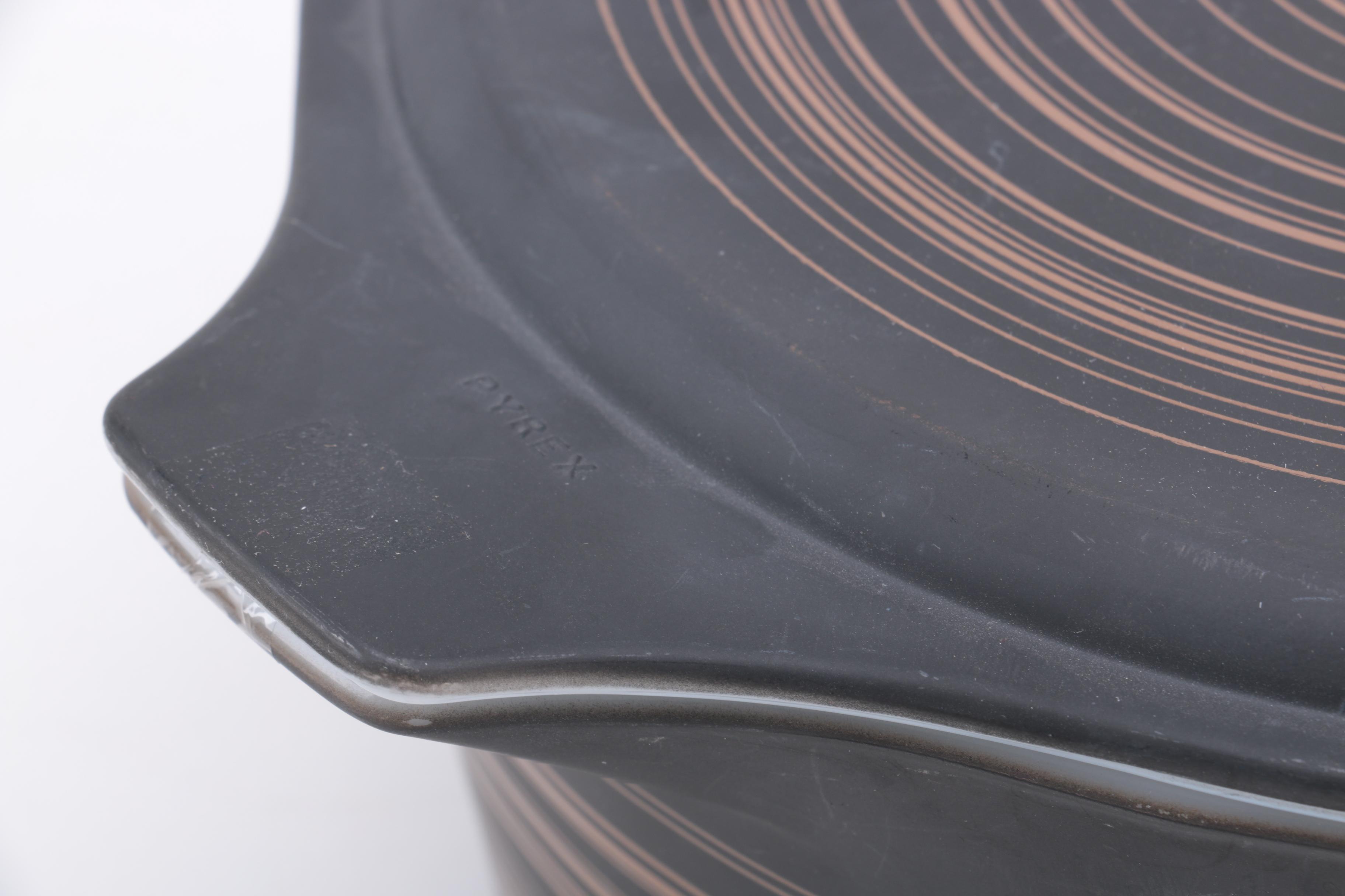 Pyrex "Terra" Brown Striped Mixing Bowl and Covered Casserole Dishes 1964-65