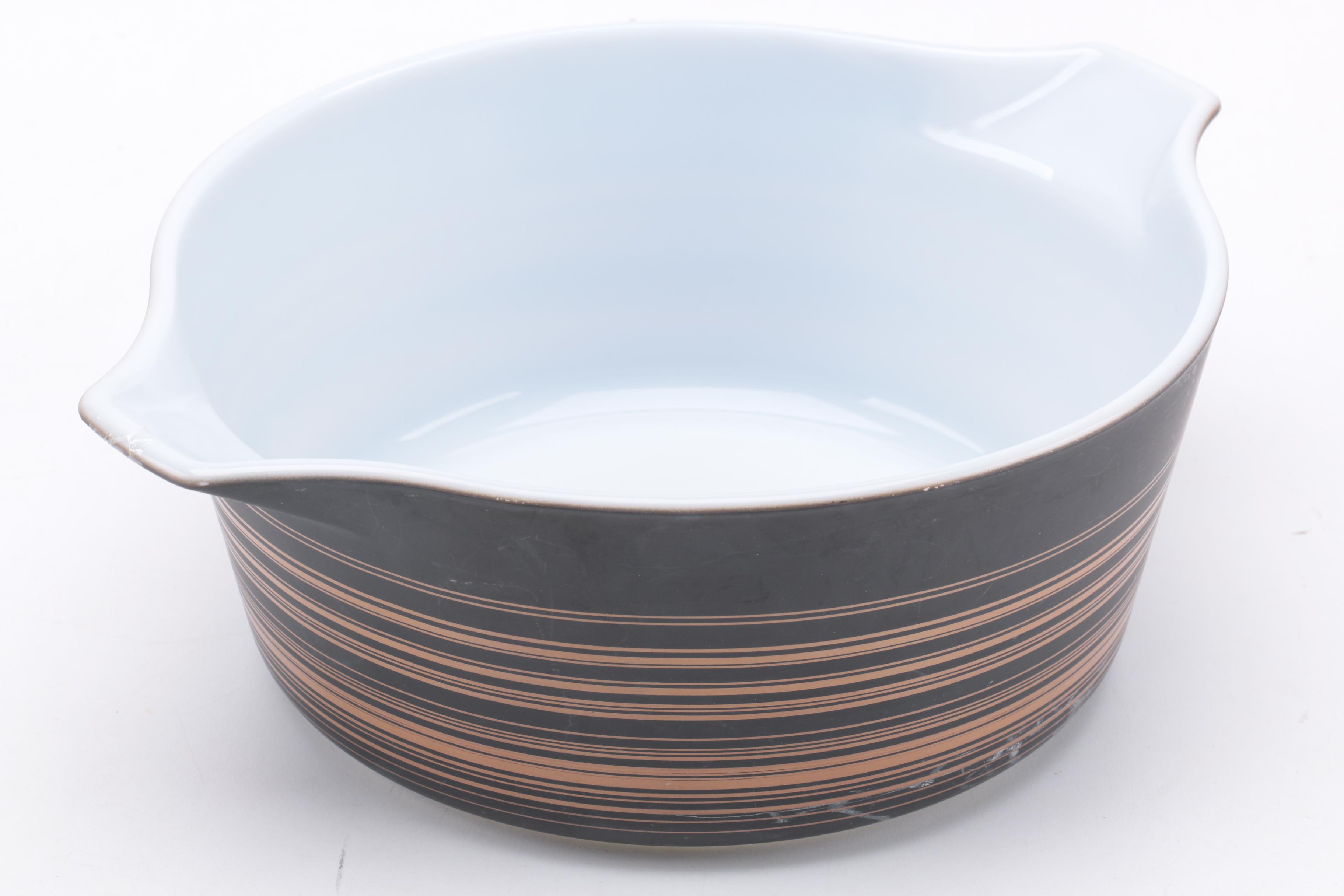 Pyrex "Terra" Brown Striped Mixing Bowl and Covered Casserole Dishes 1964-65