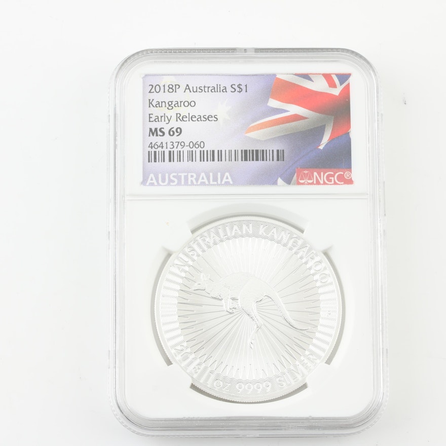 NGC Graded MS69 2018 Australia $1 Kangaroo Silver Bullion Coin