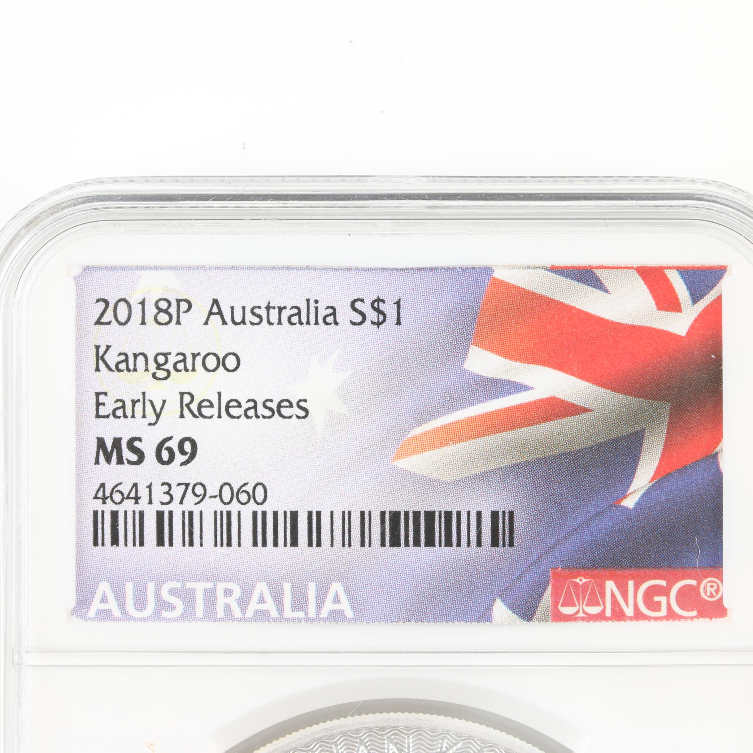 NGC Graded MS69 2018 Australia $1 Kangaroo Silver Bullion Coin