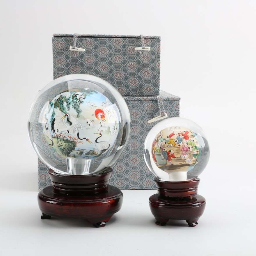 Chinese Reverse Painted Glass Paperweights with Wooden Stands