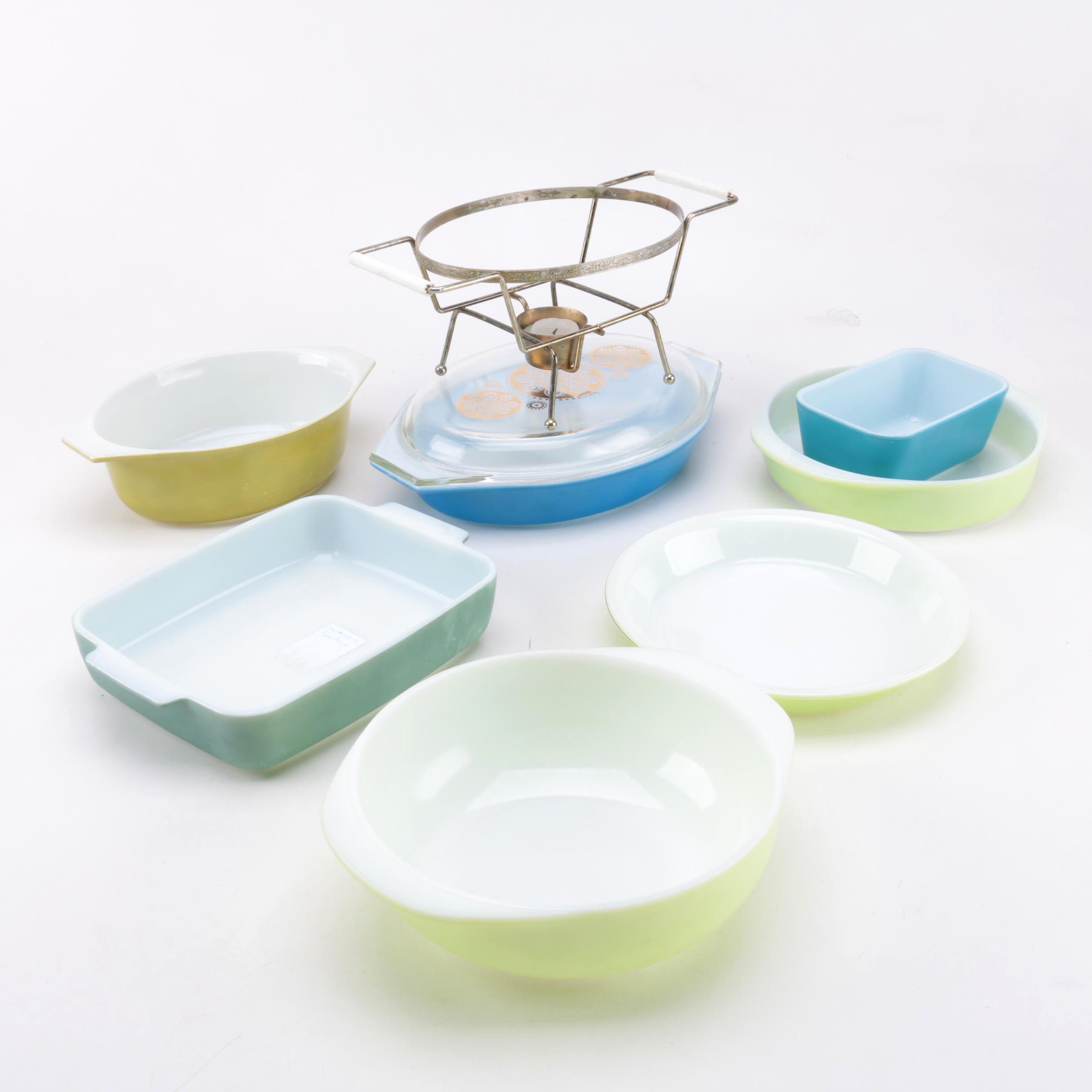 Vintage Pyrex "Primary Colors" Baking Dishes and Lids with Warming Stand 1940s