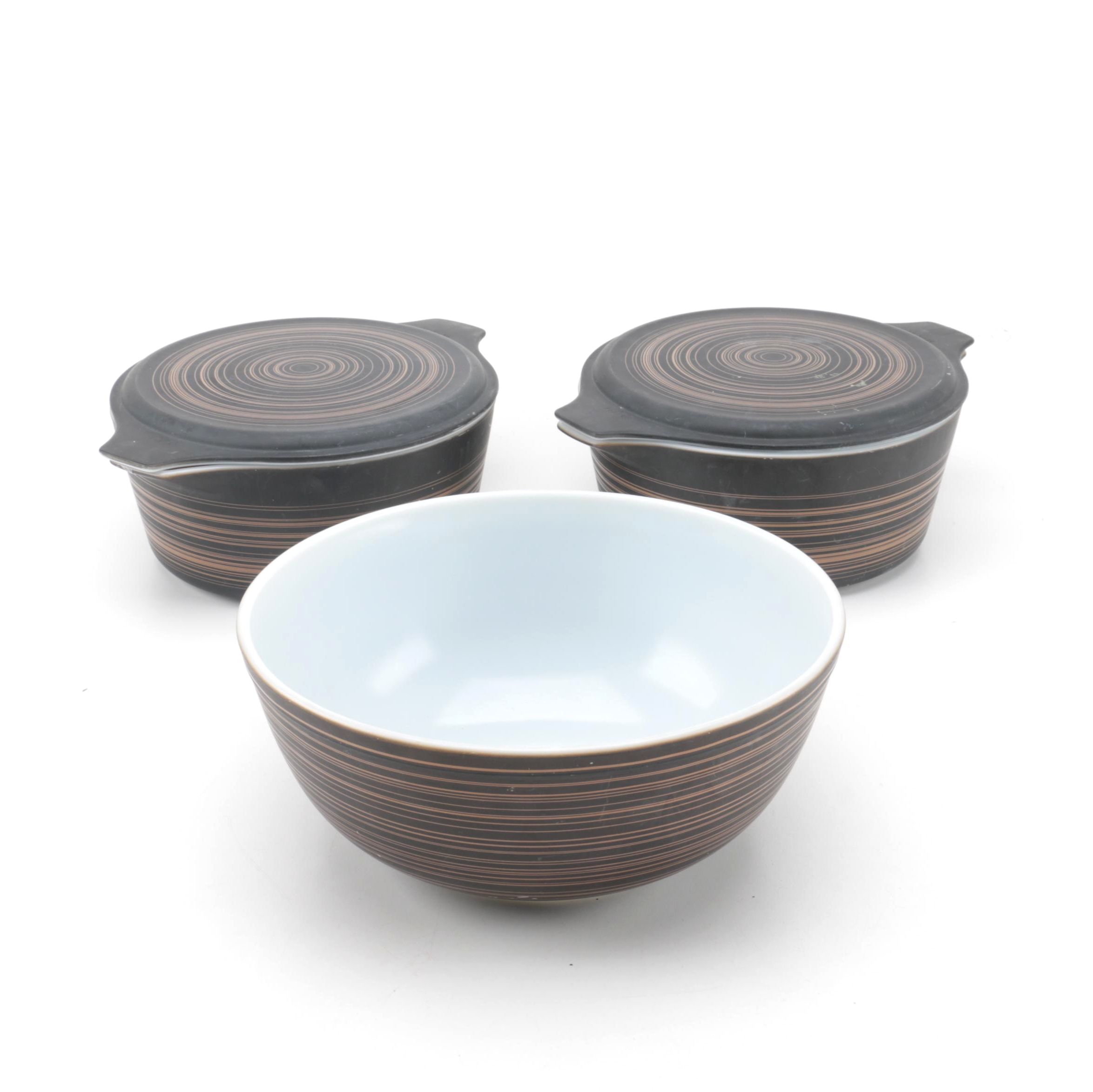Vintage Pyrex "Terra" Brown Striped Mixing Bowl and Casserole Dishes 1964-65