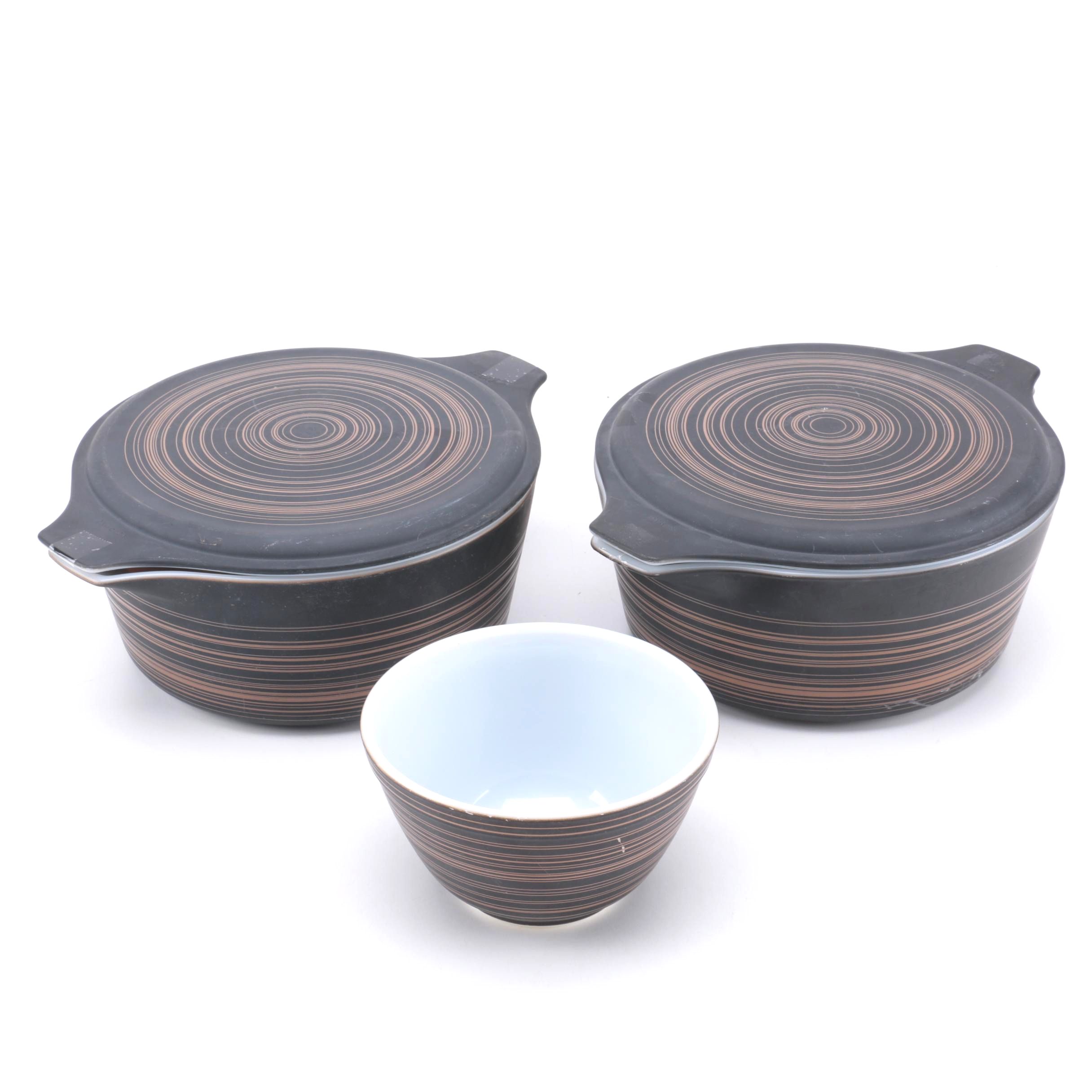 Pyrex "Terra" Brown Striped Mixing Bowl and Covered Casserole Dishes 1964-65