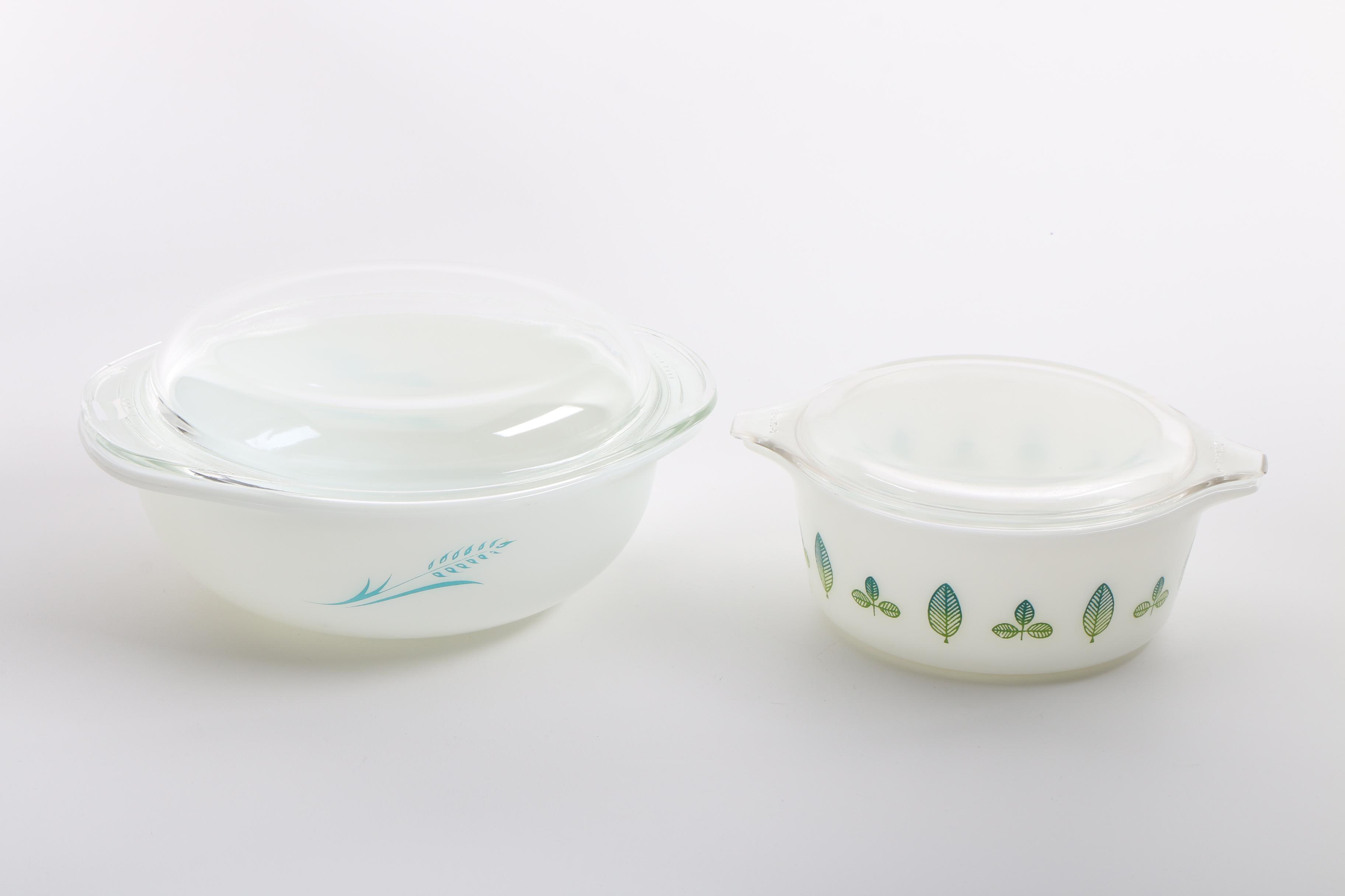 Pyrex "Blue Tulip" and "Blue Wheat" Casserole Dishes, Circa 1960