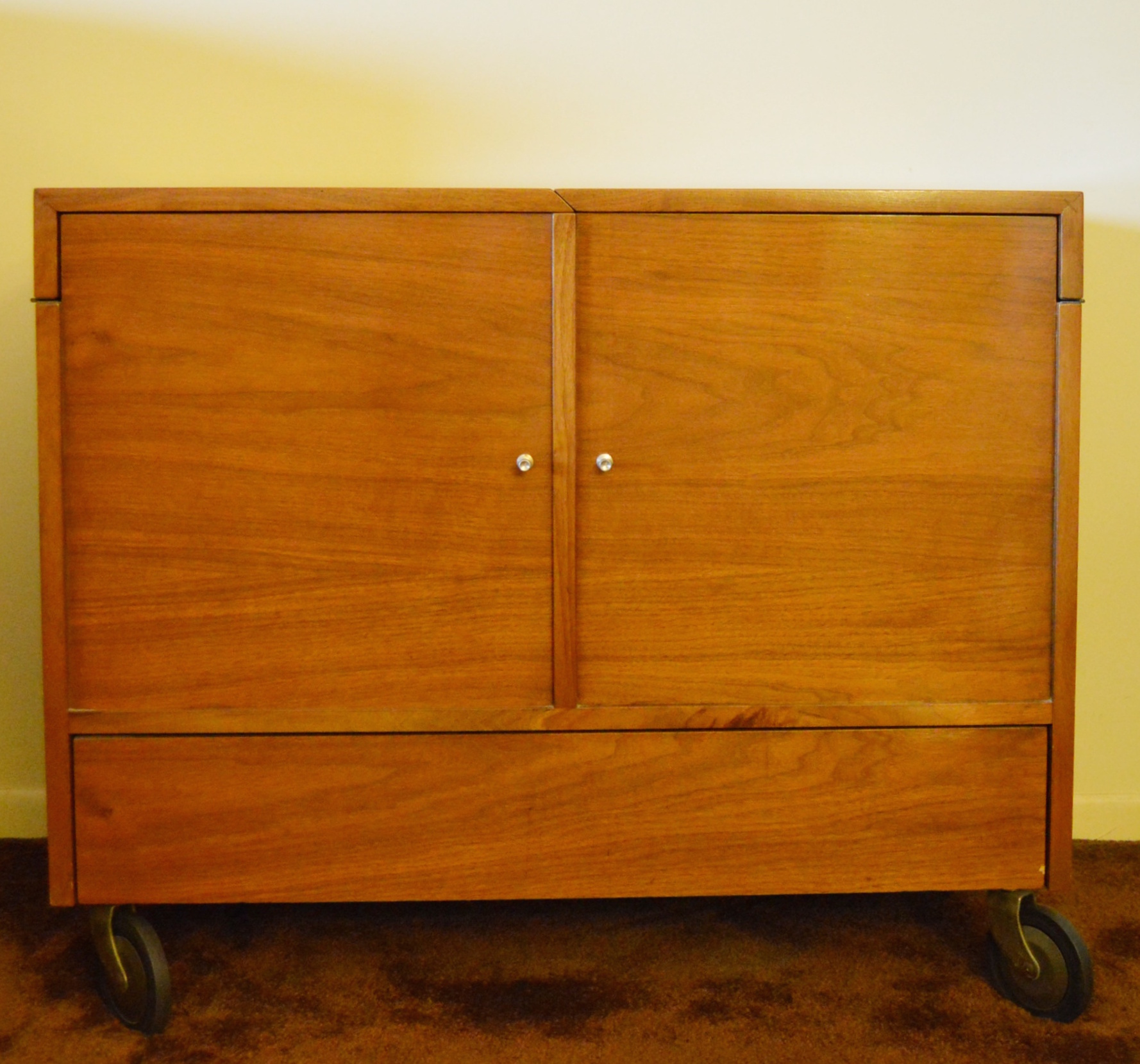 Danish Modern Rolling Bar Cabinet with Flip Top Server