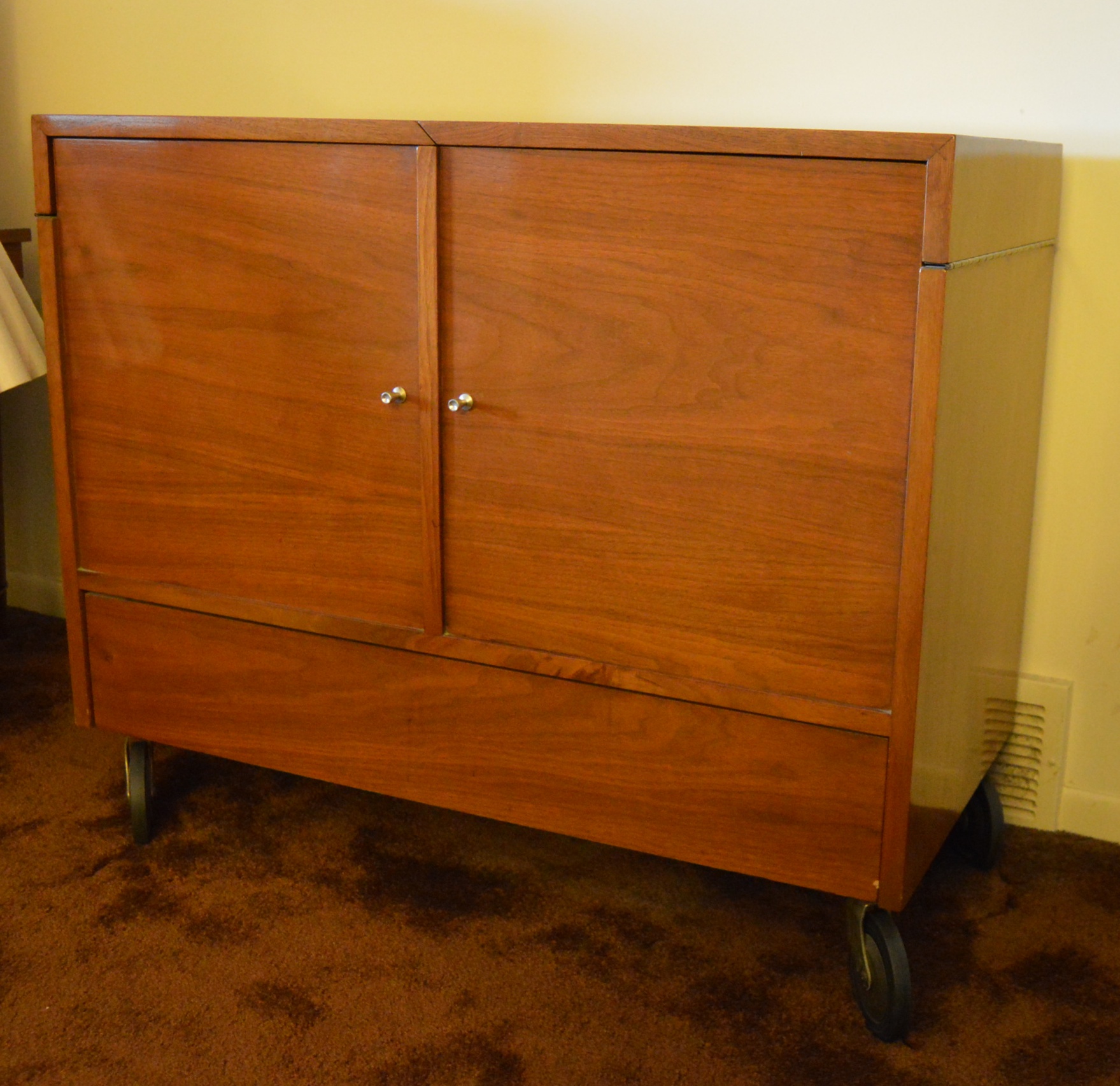 Danish Modern Rolling Bar Cabinet with Flip Top Server