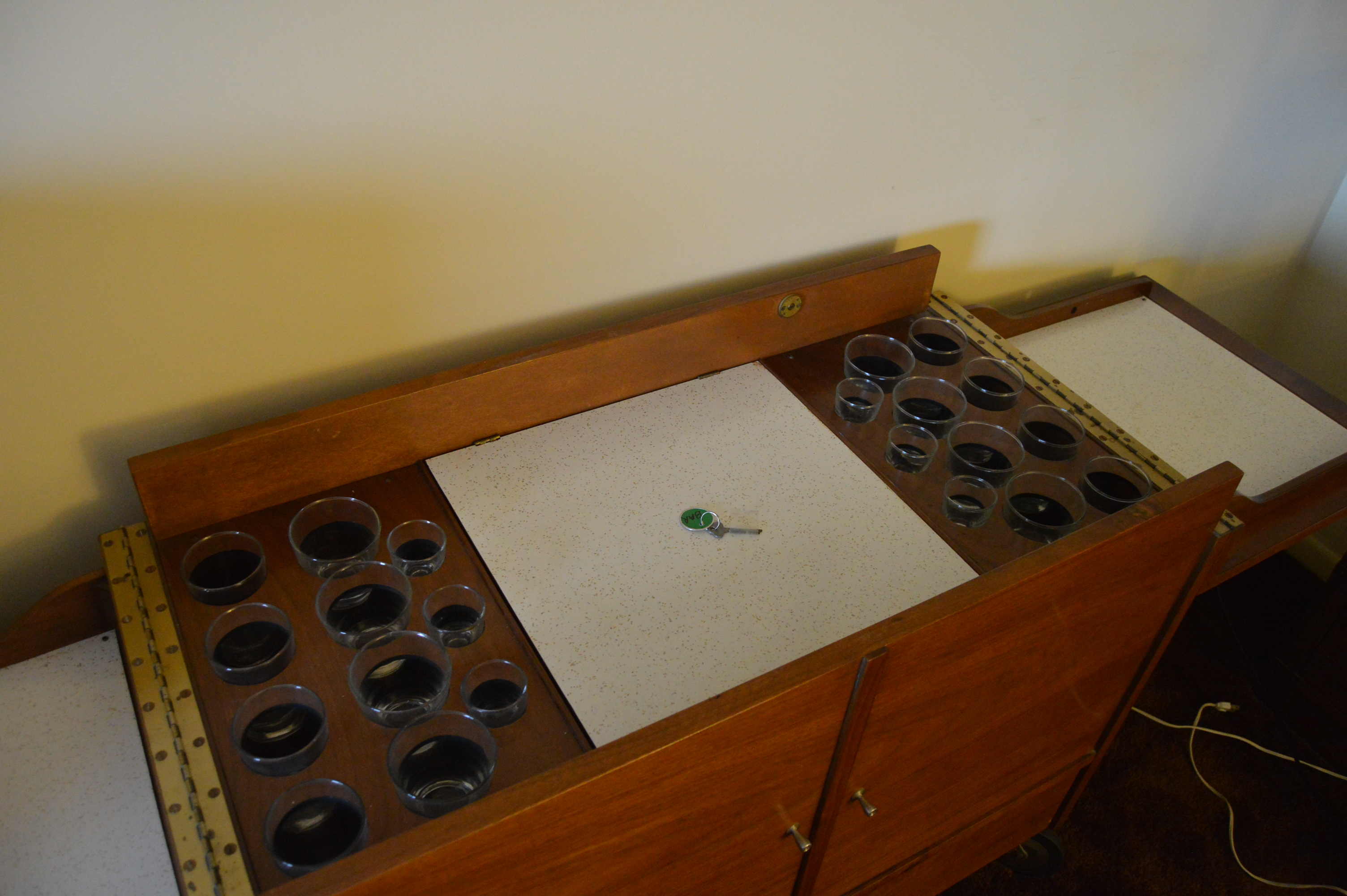 Danish Modern Rolling Bar Cabinet with Flip Top Server