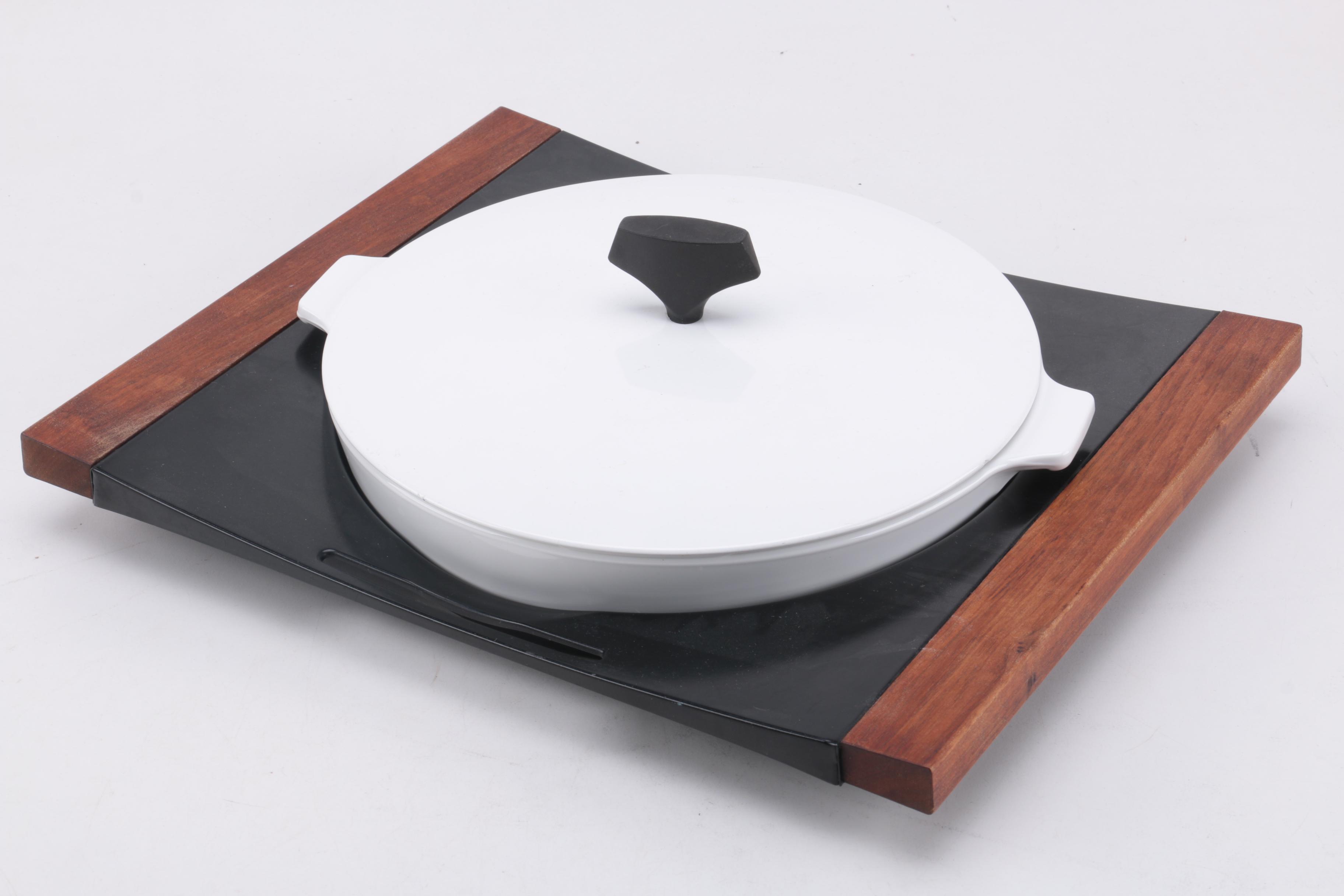 Corning Ware "White Coupe" Kettle with Lid and Buffet Servers, Circa 1960