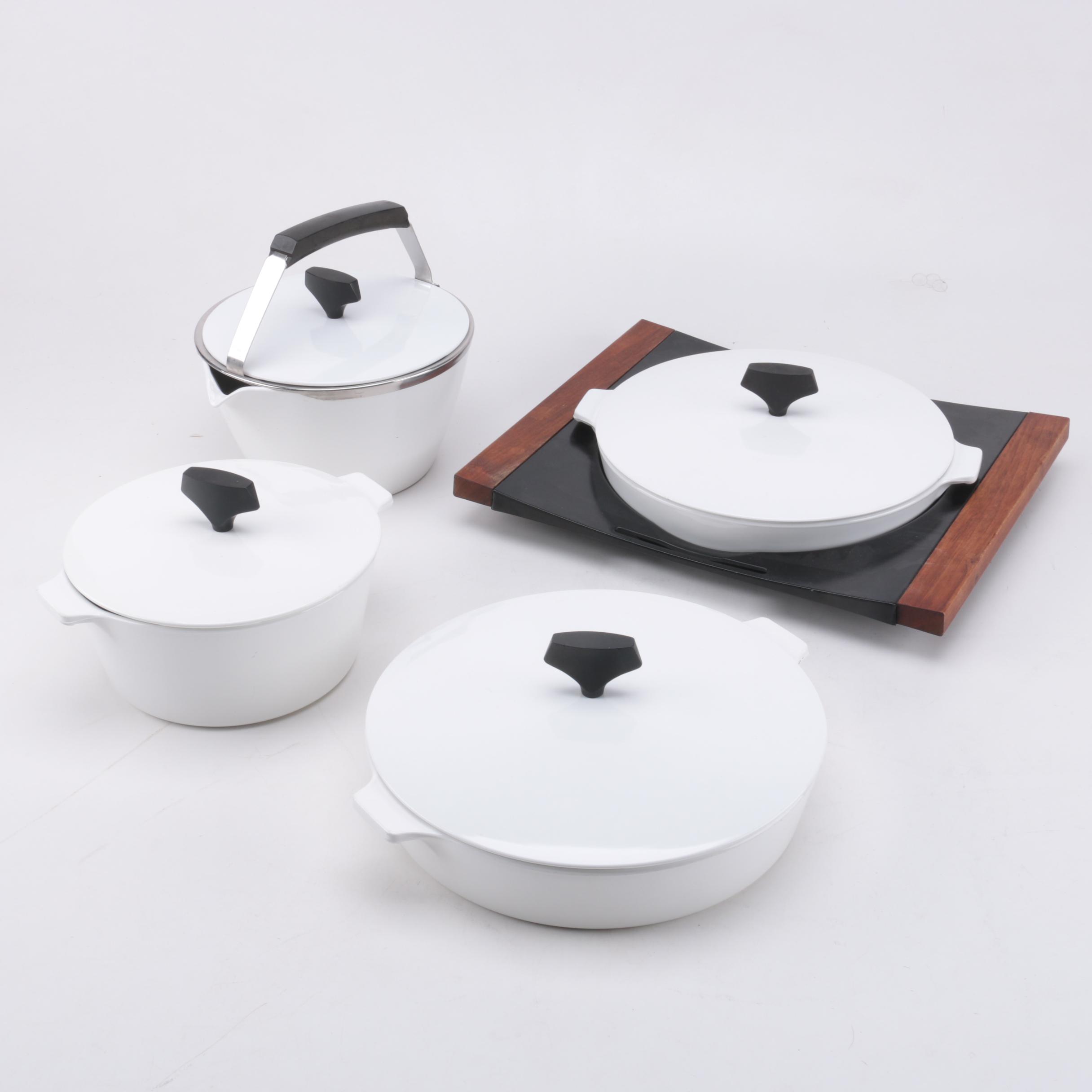 Corning Ware "White Coupe" Kettle with Lid and Buffet Servers, Circa 1960