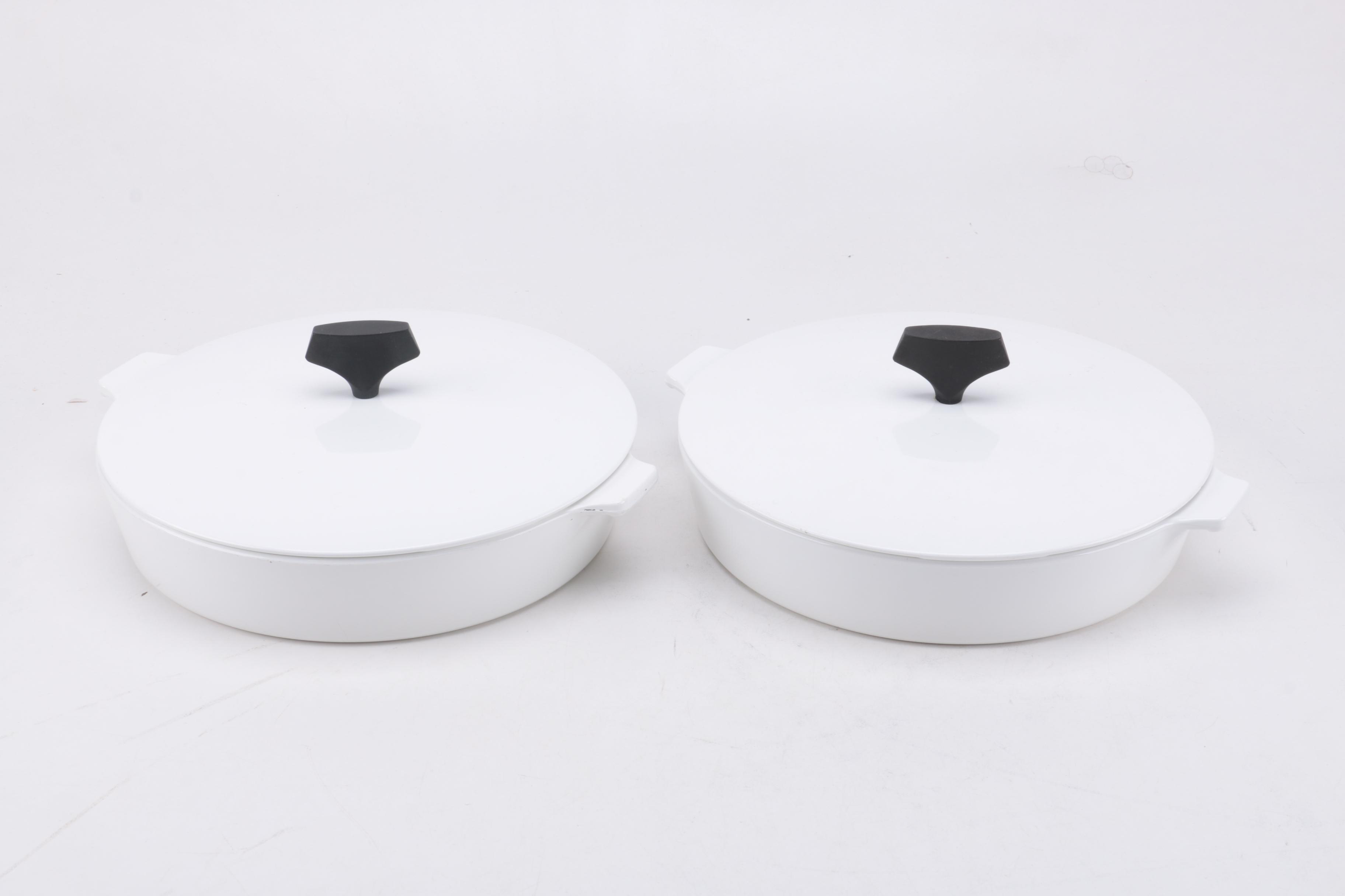 Corning Ware "White Coupe" Kettle with Lid and Buffet Servers, Circa 1960