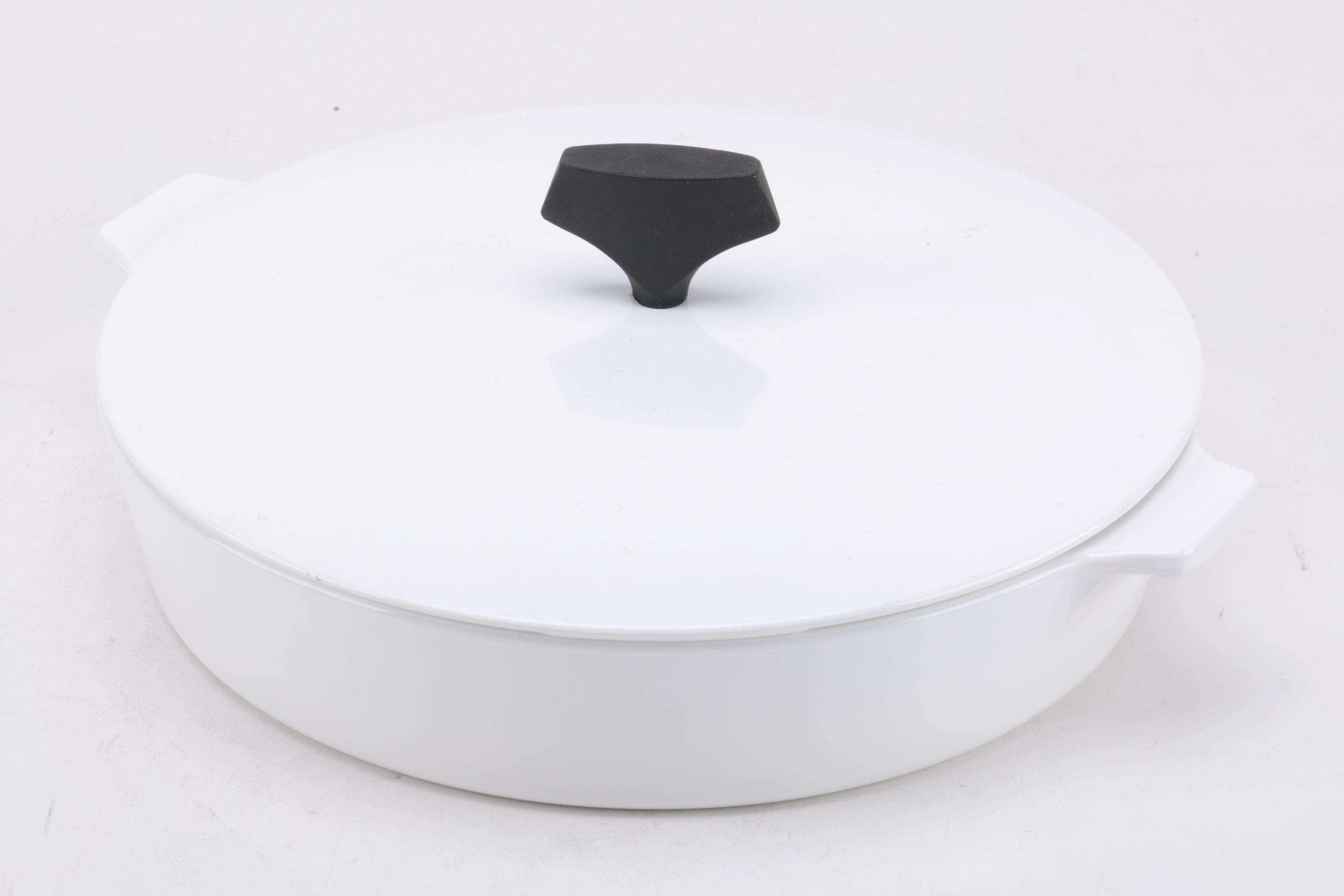 Corning Ware "White Coupe" Kettle with Lid and Buffet Servers, Circa 1960