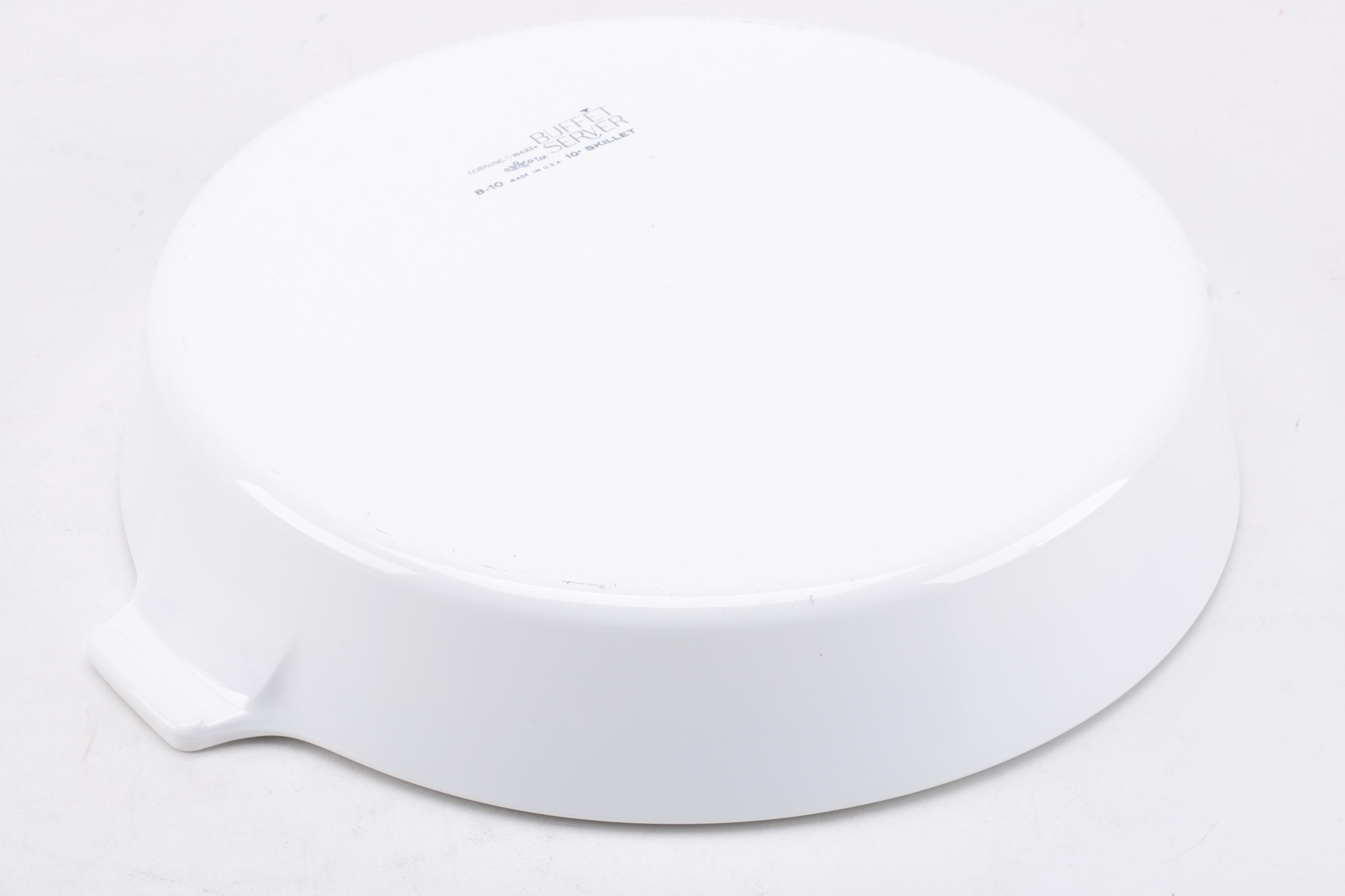 Corning Ware "White Coupe" Kettle with Lid and Buffet Servers, Circa 1960