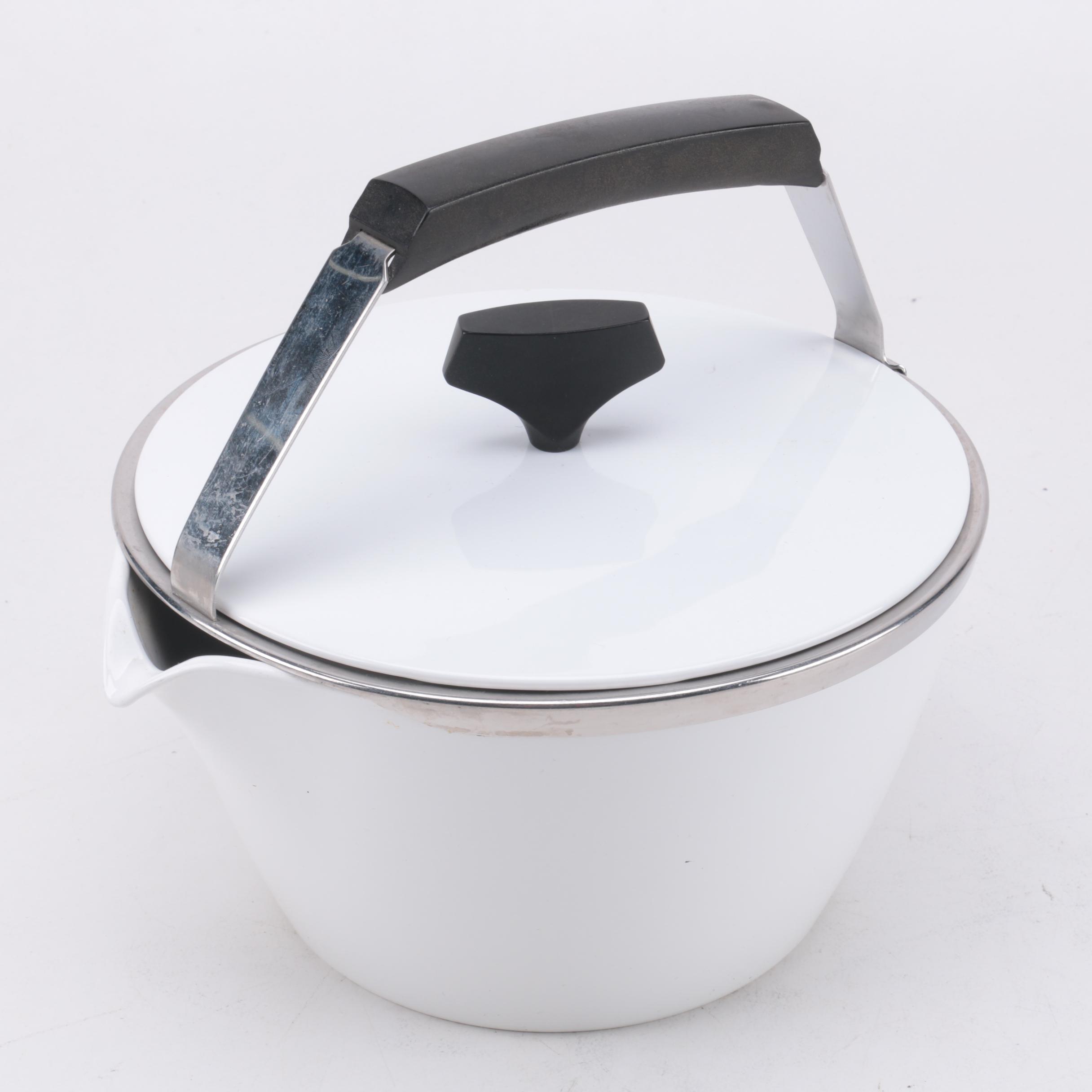 Corning Ware "White Coupe" Kettle with Lid and Buffet Servers, Circa 1960